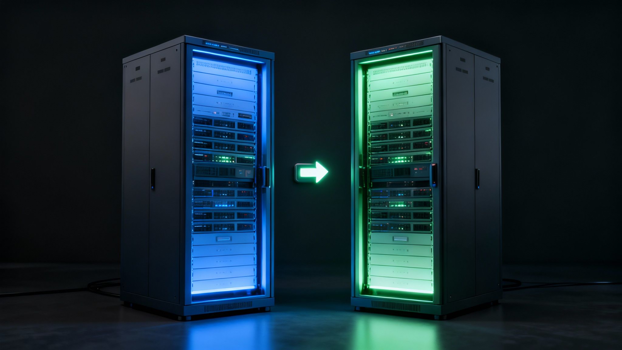 Two illuminated server racks, one glowing blue and the other green, with a green arrow pointing right.