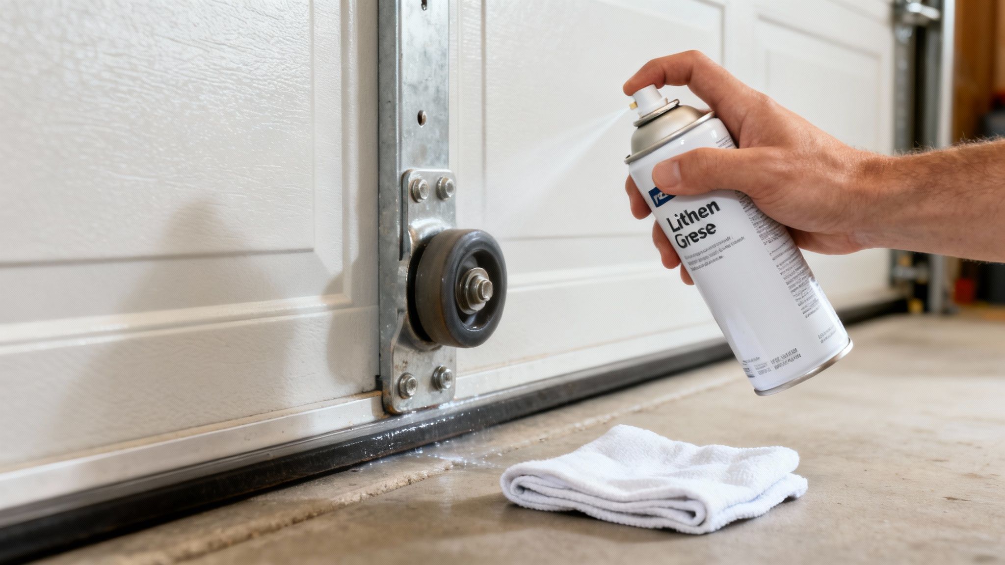A person's hand spraying lubricant on a garage door roller to fix a squeak, with a white cloth nearby.