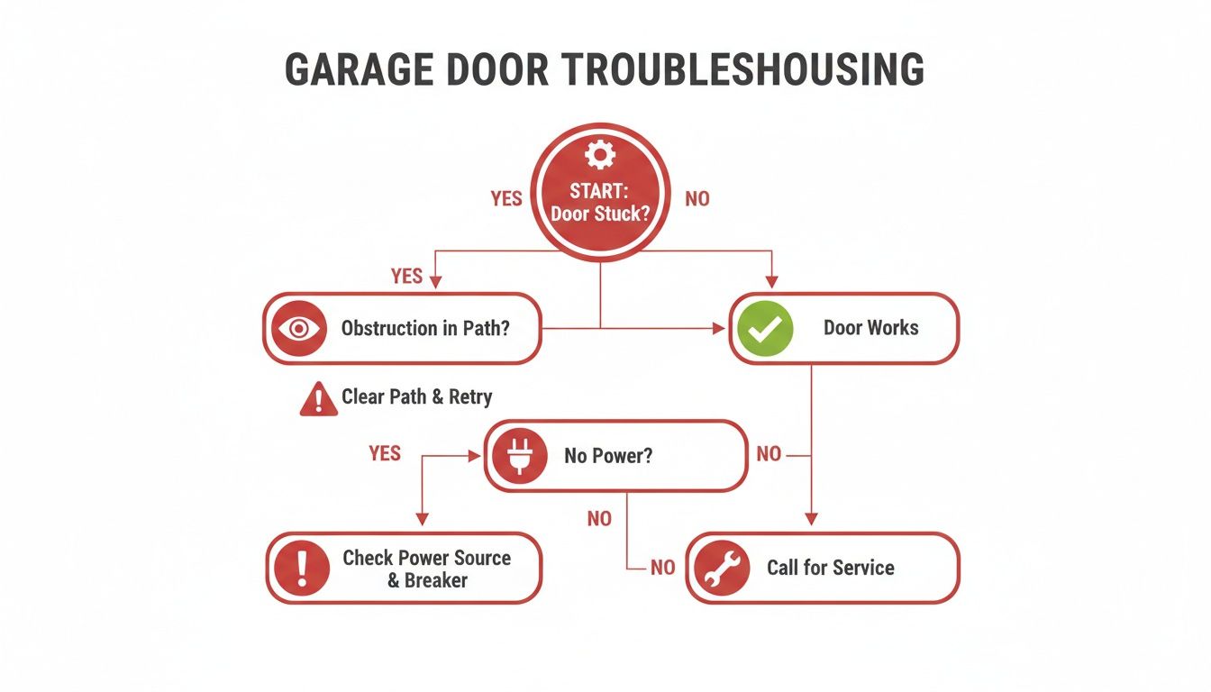 A garage door troubleshooting flowchart guiding users through issues like obstructions, power, and service.