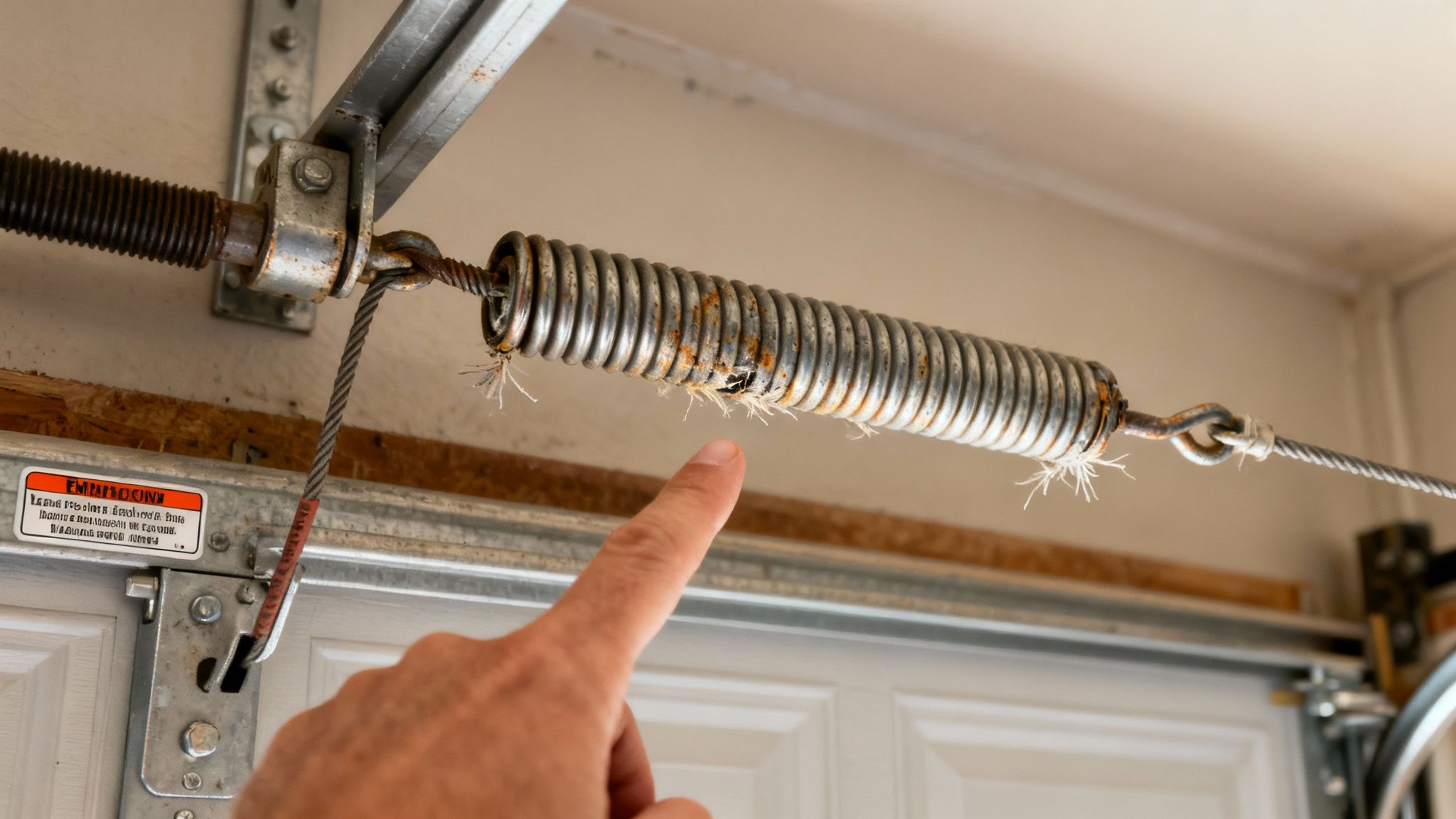 A finger points to a heavily rusted and broken garage door extension spring with a frayed safety cable.