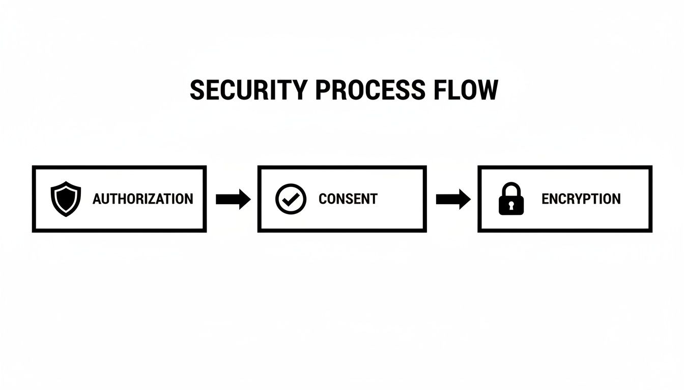 A security process flow diagram illustrates authorization, consent, and encryption steps with icons.