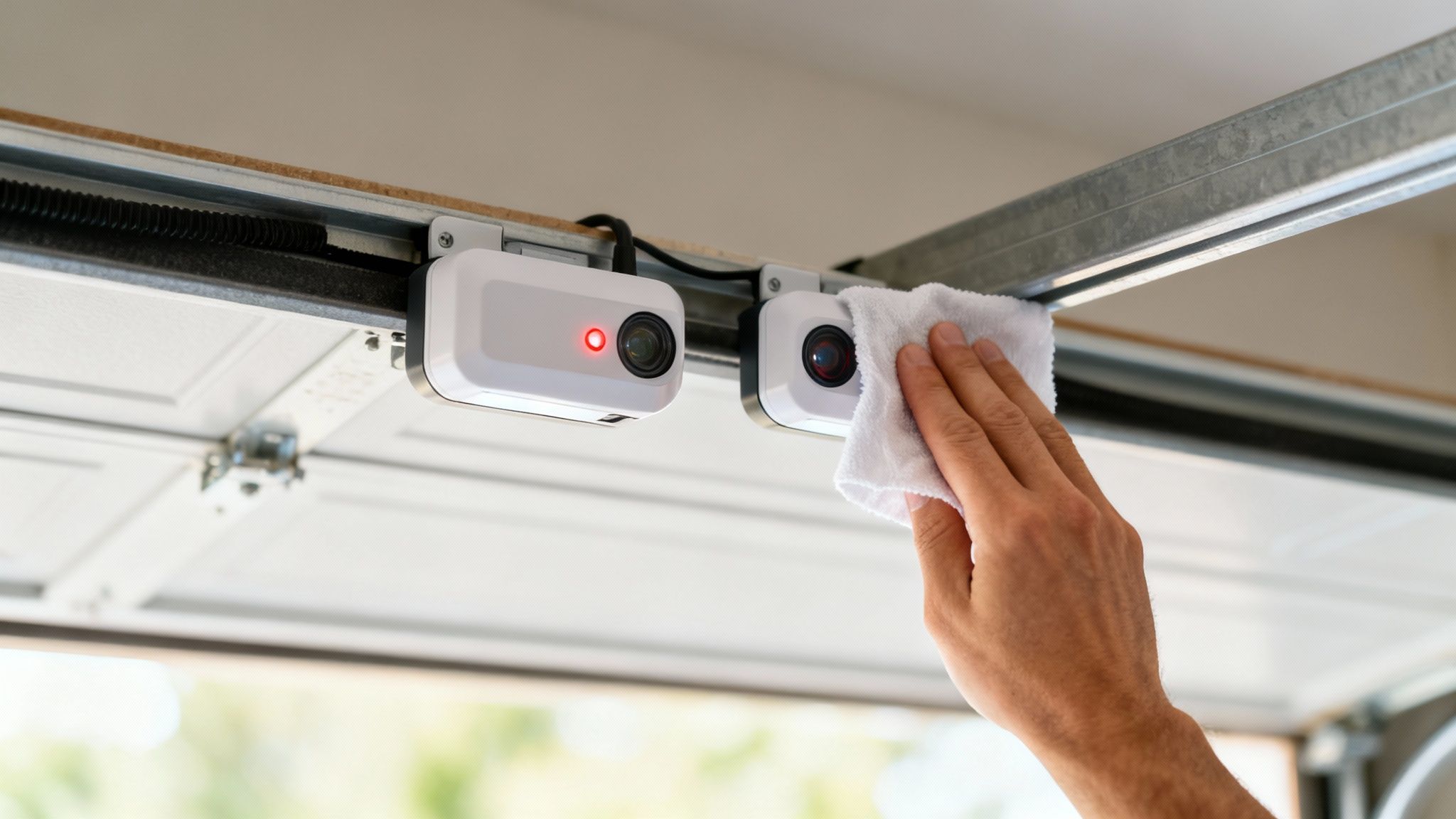A hand cleaning a white garage door safety sensor with a soft cloth, one sensor shows a red light.