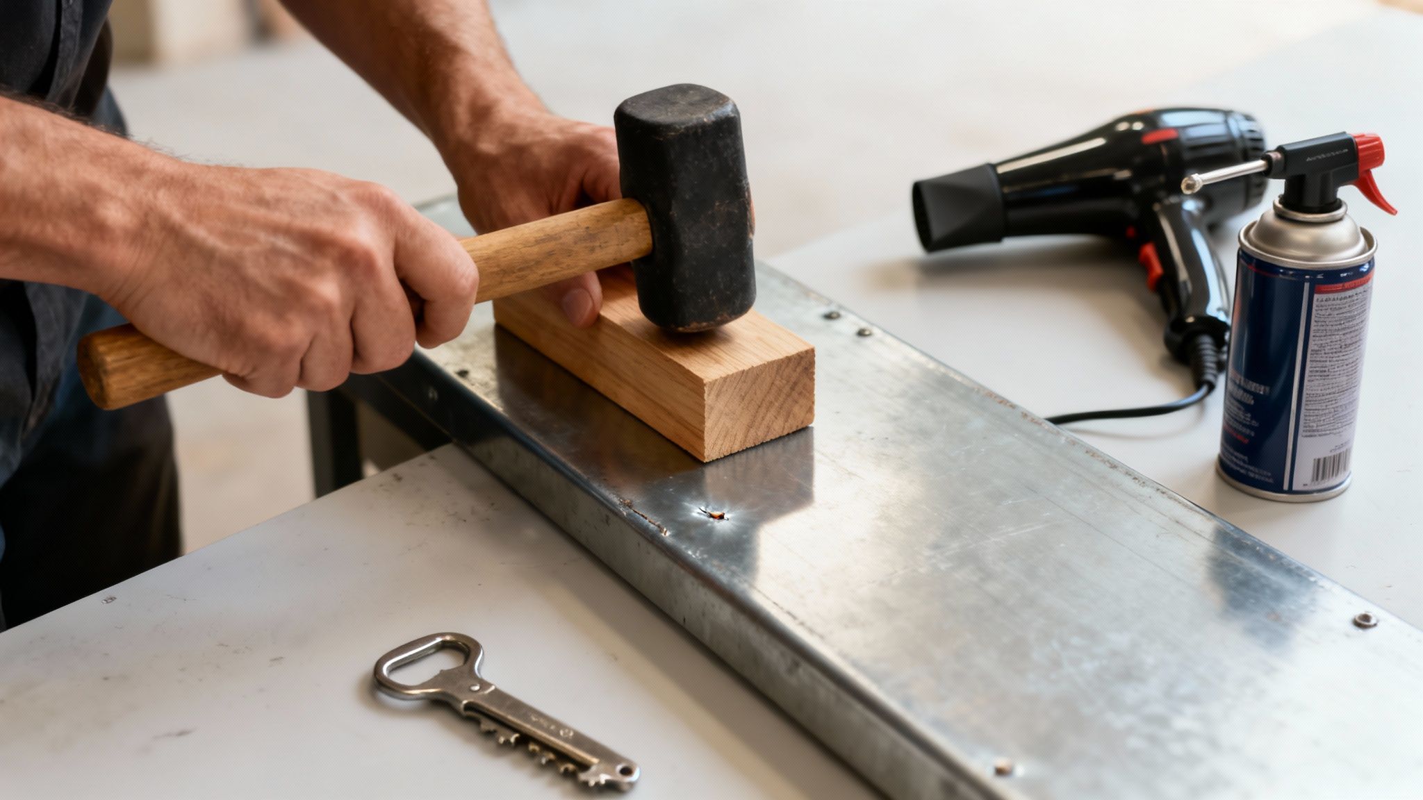 Close-up of a person using a sledgehammer to strike a wooden block on a metal surface.