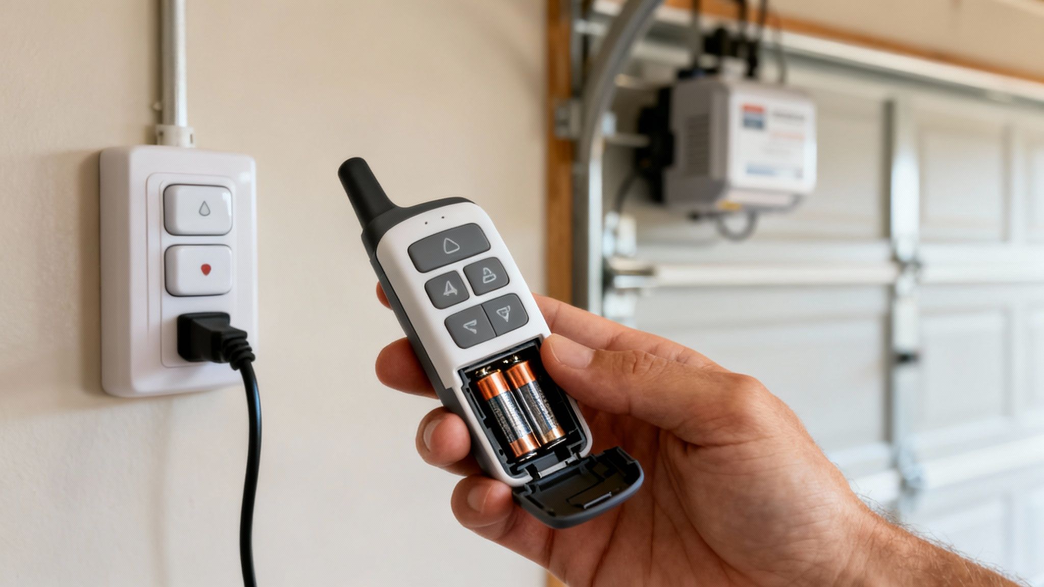 A person holds a garage door opener remote, replacing its AA batteries, with a wall control panel nearby.