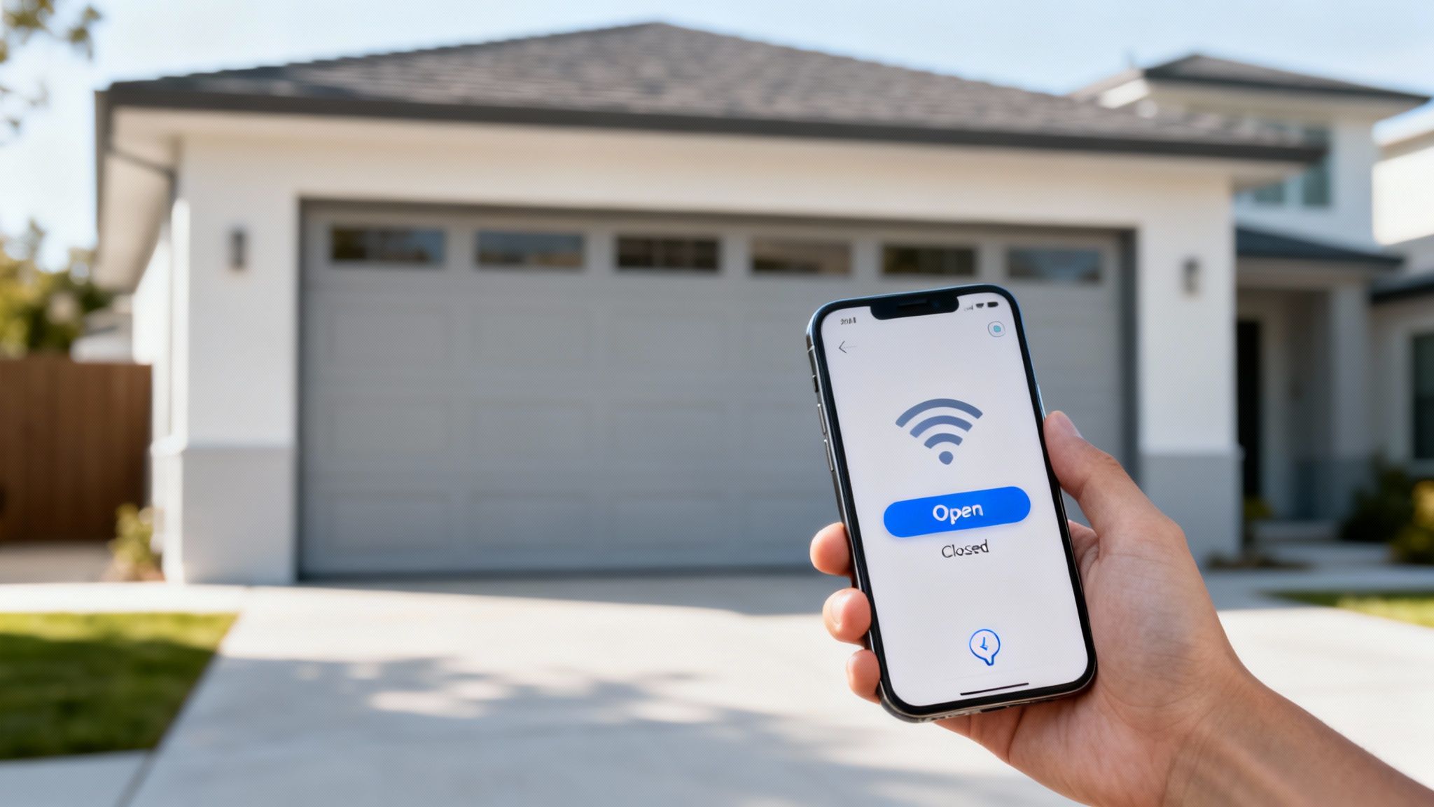 A hand uses a smartphone to control a smart garage door opener in front of a modern house.