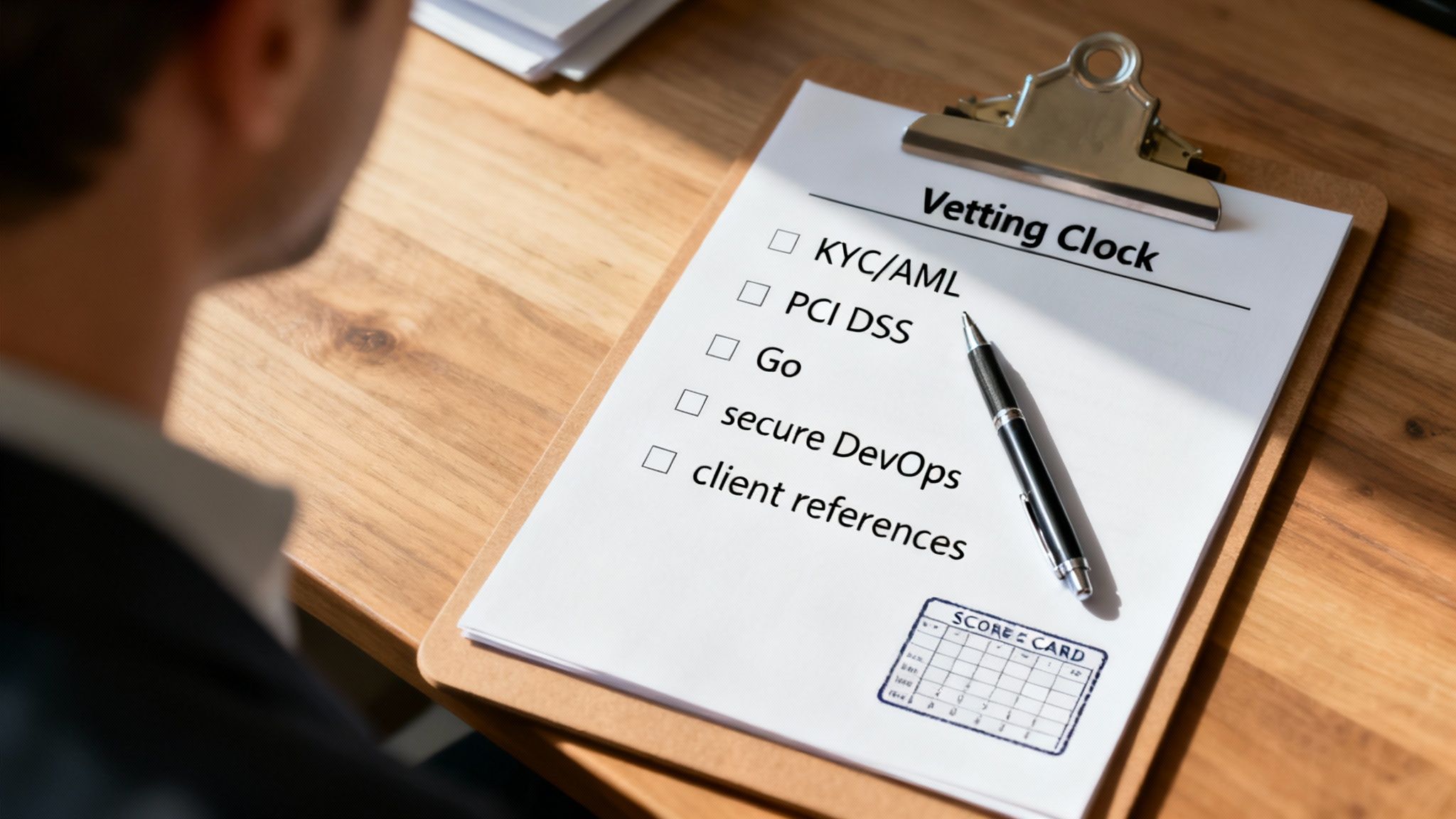 Vetting clock checklist for fintech compliance including KYC AML PCI DSS and secure DevOps requirements