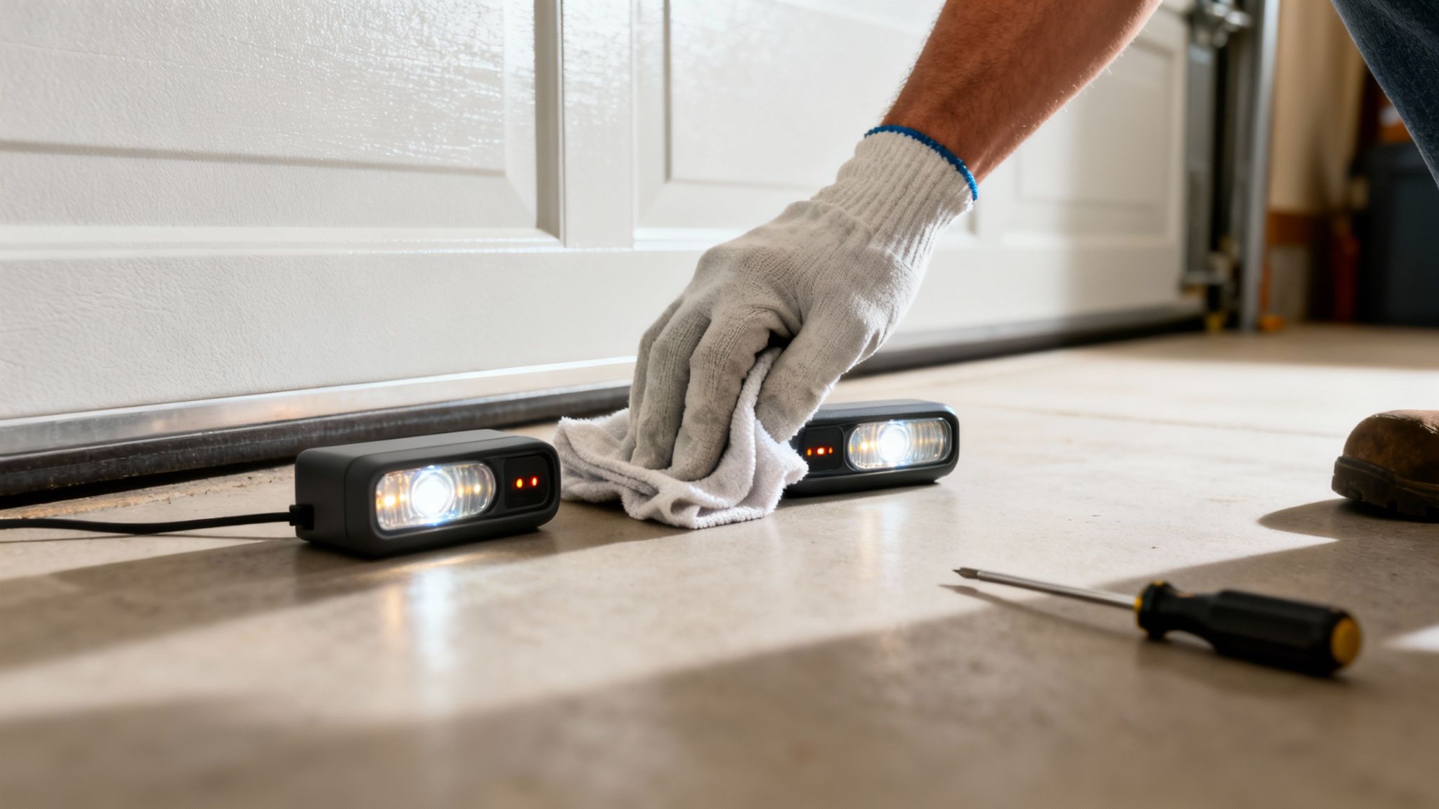 A gloved hand cleans a blinking garage door safety sensor on the floor near a white garage door.