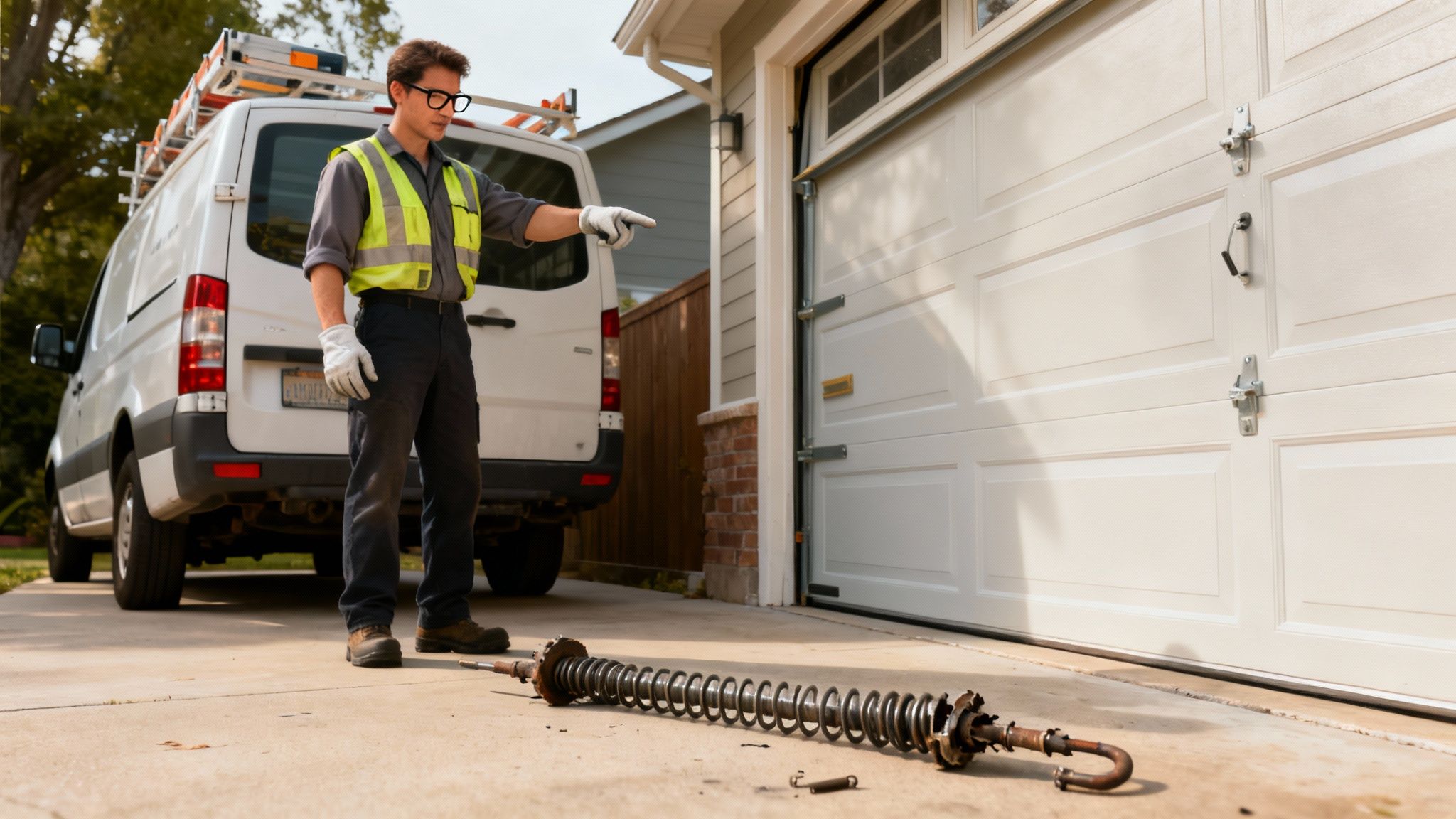 Technician in a safety vest pointing at a broken garage door spring, next to a service van.