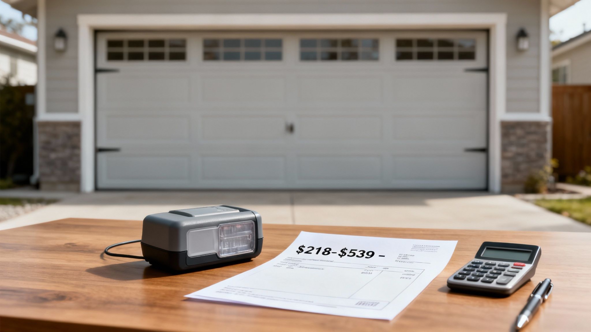 A modern garage door opener unit mounted on the ceiling of a clean garage.