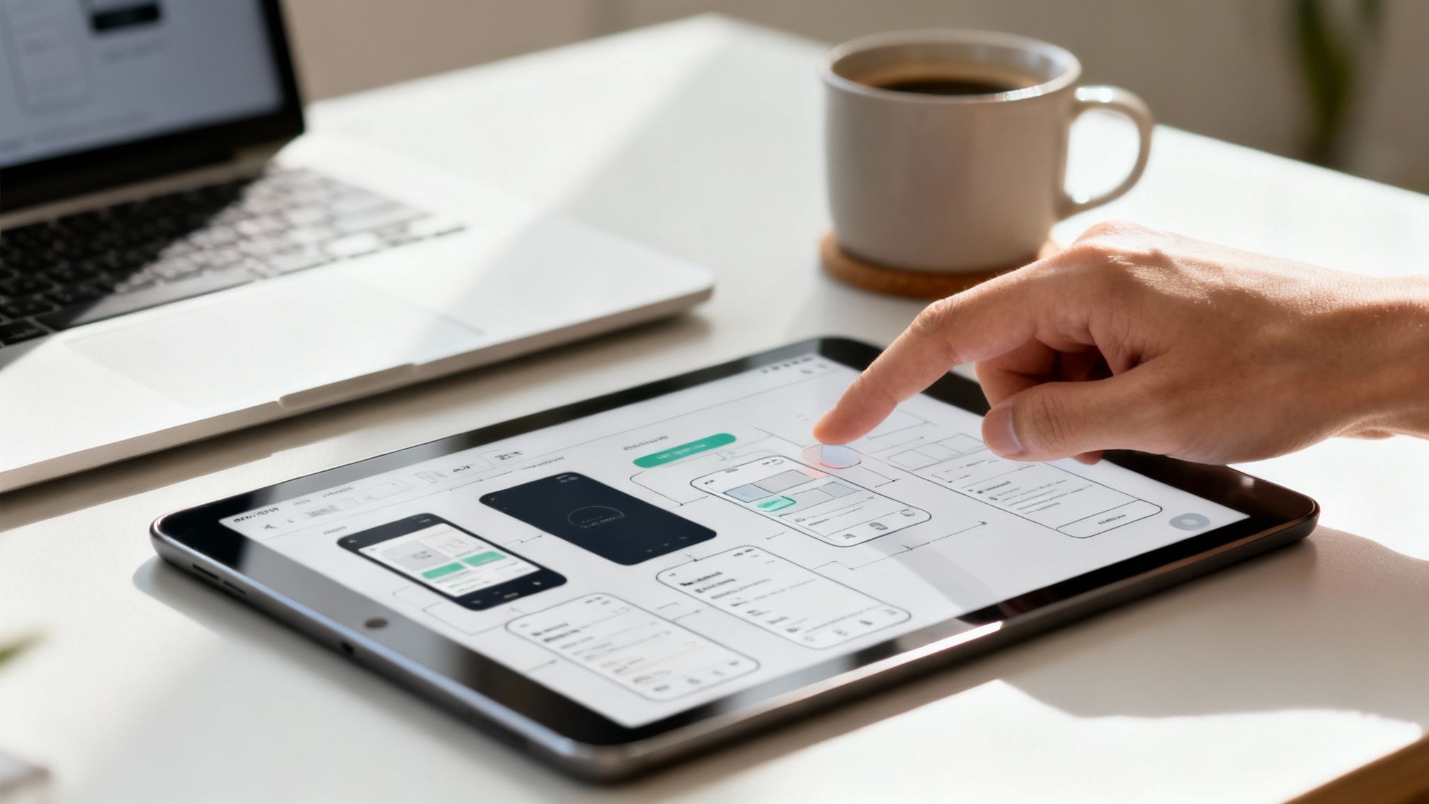 Close-up of a person designing a mobile app on a tablet with a laptop and coffee nearby.