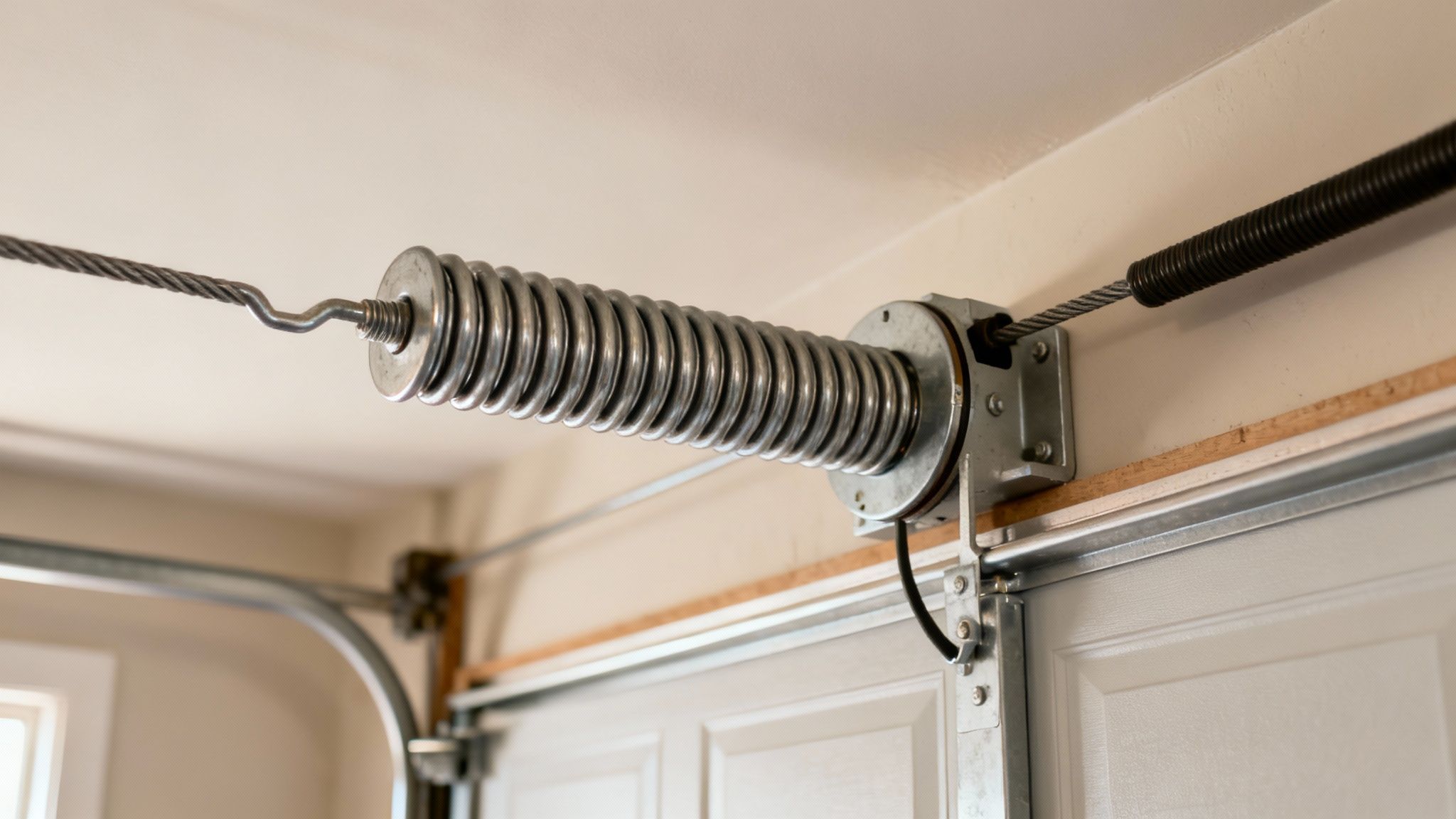 Detailed view of a garage door spring, cable, and track system, showing the overhead installation.
