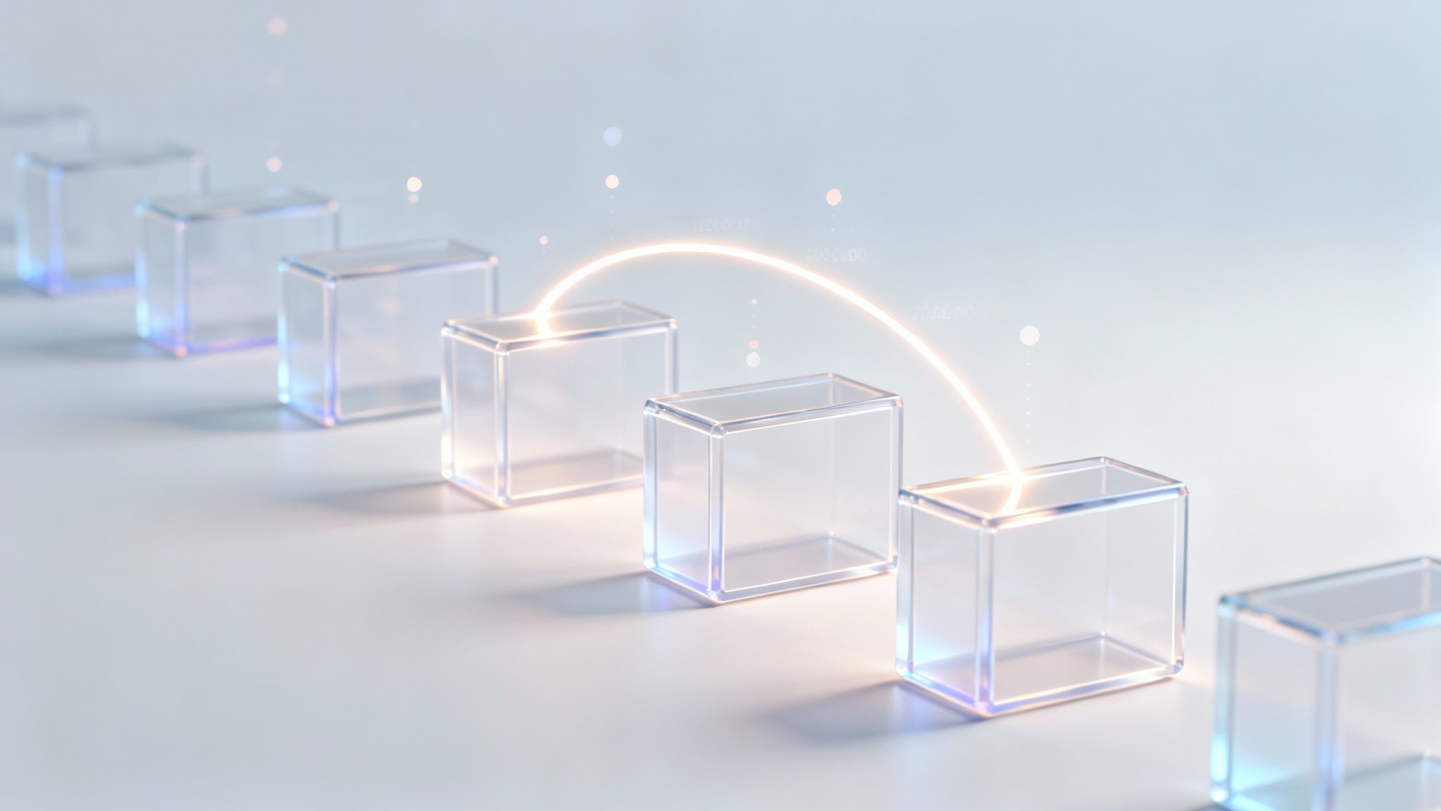 Modern illustration of connected translucent blocks with a glowing orange line, representing data flow or network.