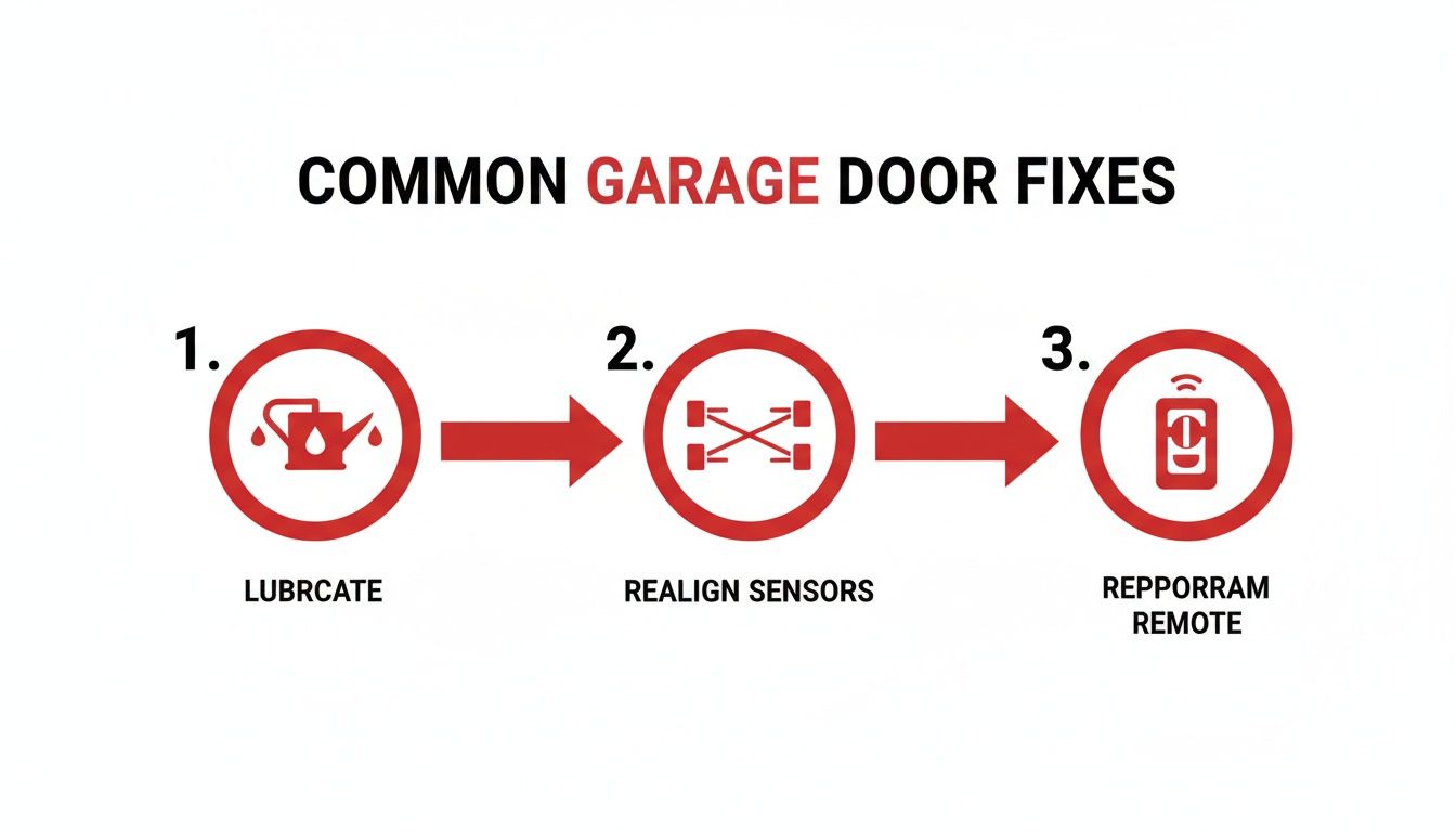 Infographic showing three common garage door fixes: lubricate, realign sensors, and reprogram remote.