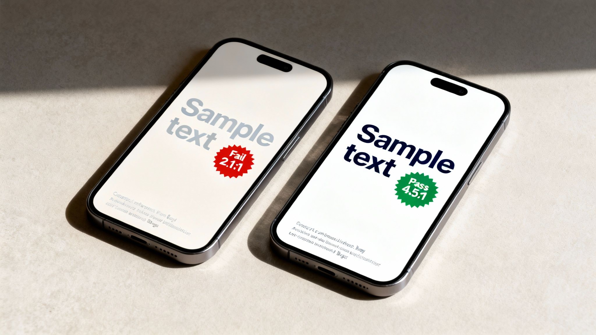 Two smartphones displaying 'Sample text', one failing 2.1:1 color contrast and the other passing 4.5:1.