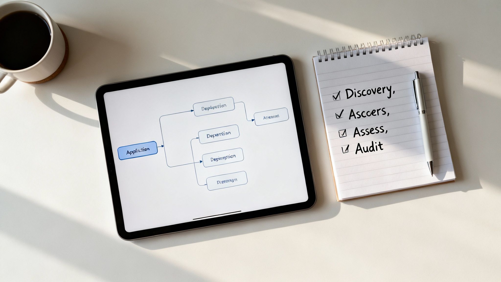 Overhead shot of a white desk with a tablet displaying a workflow diagram and a notepad listing strategy steps.