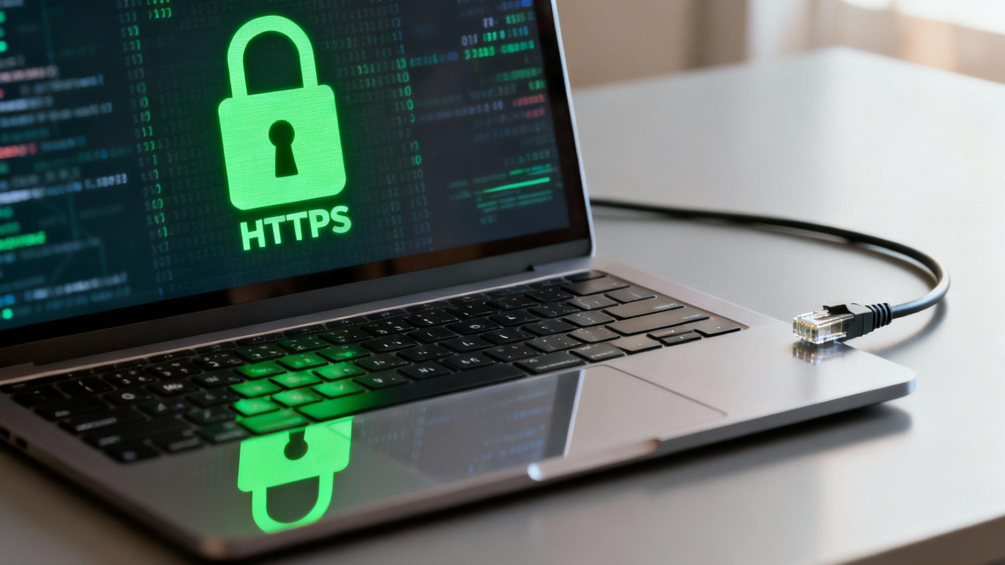 Laptop screen showing a green padlock and HTTPS, with an Ethernet cable plugged in, signifying network security.