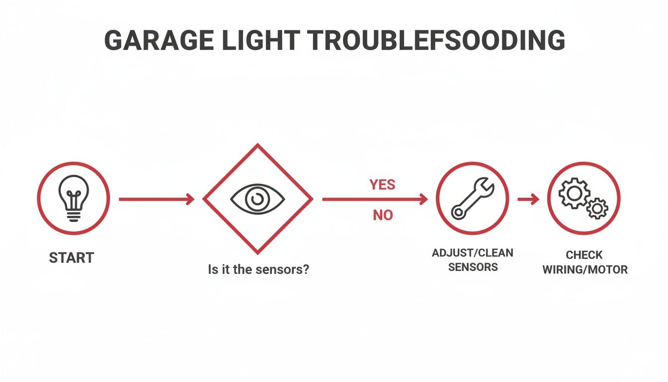 A troubleshooting flowchart for a garage light, detailing steps to check sensors, wiring, and motor.