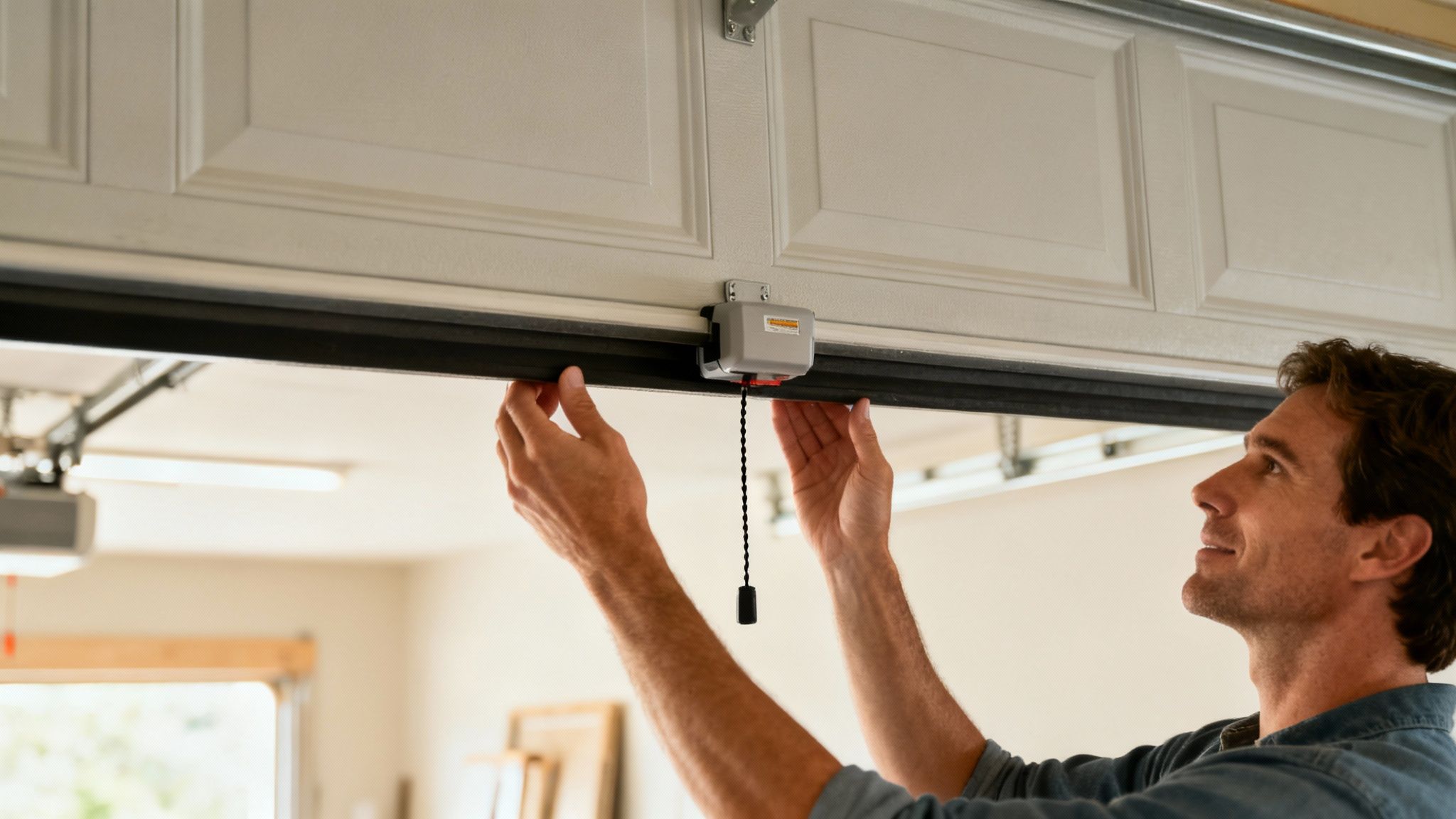 Man installing garage door opener motor system on white overhead door track