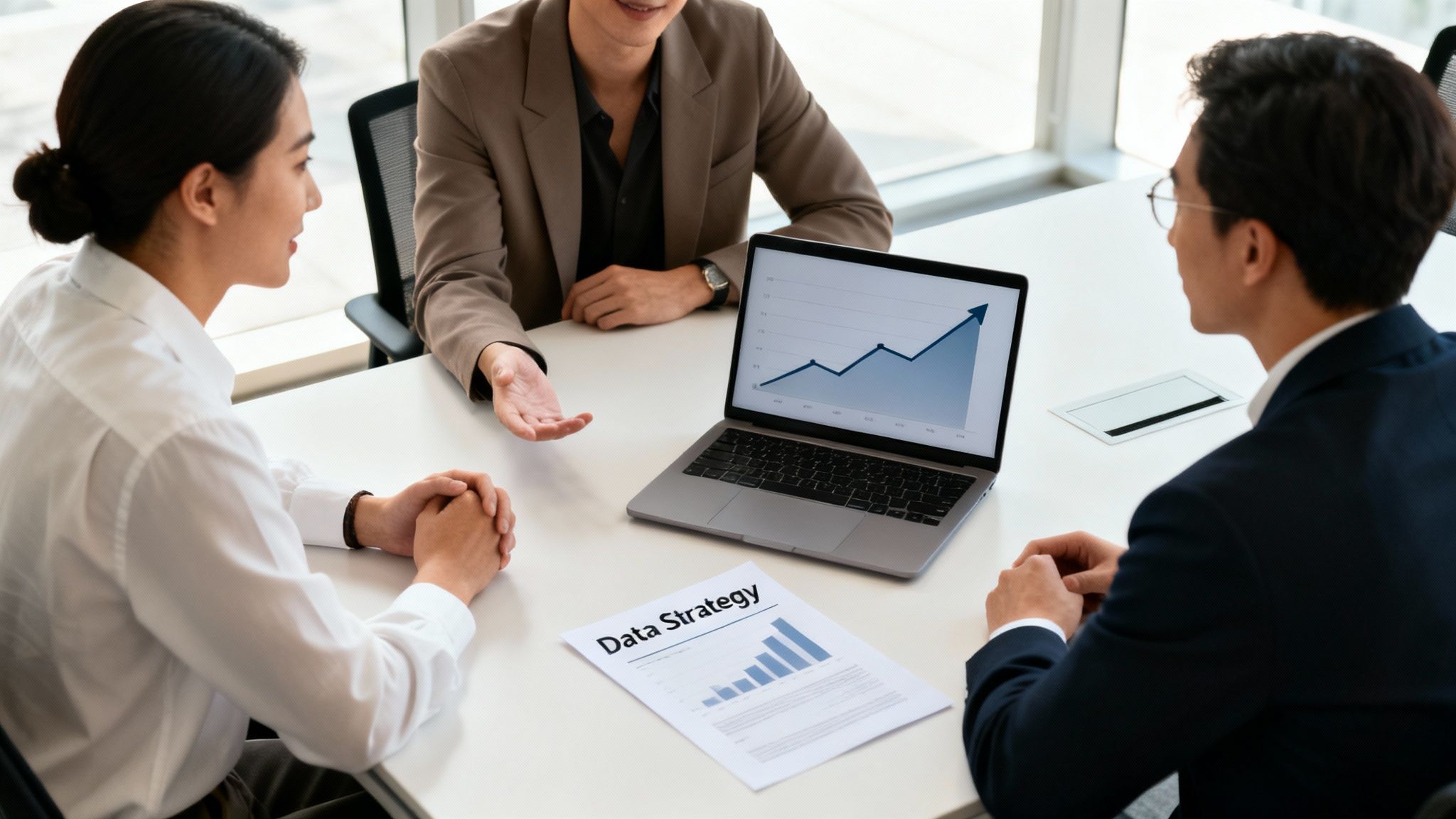Business team analyzes data strategy, reviewing growth charts on a laptop and document.