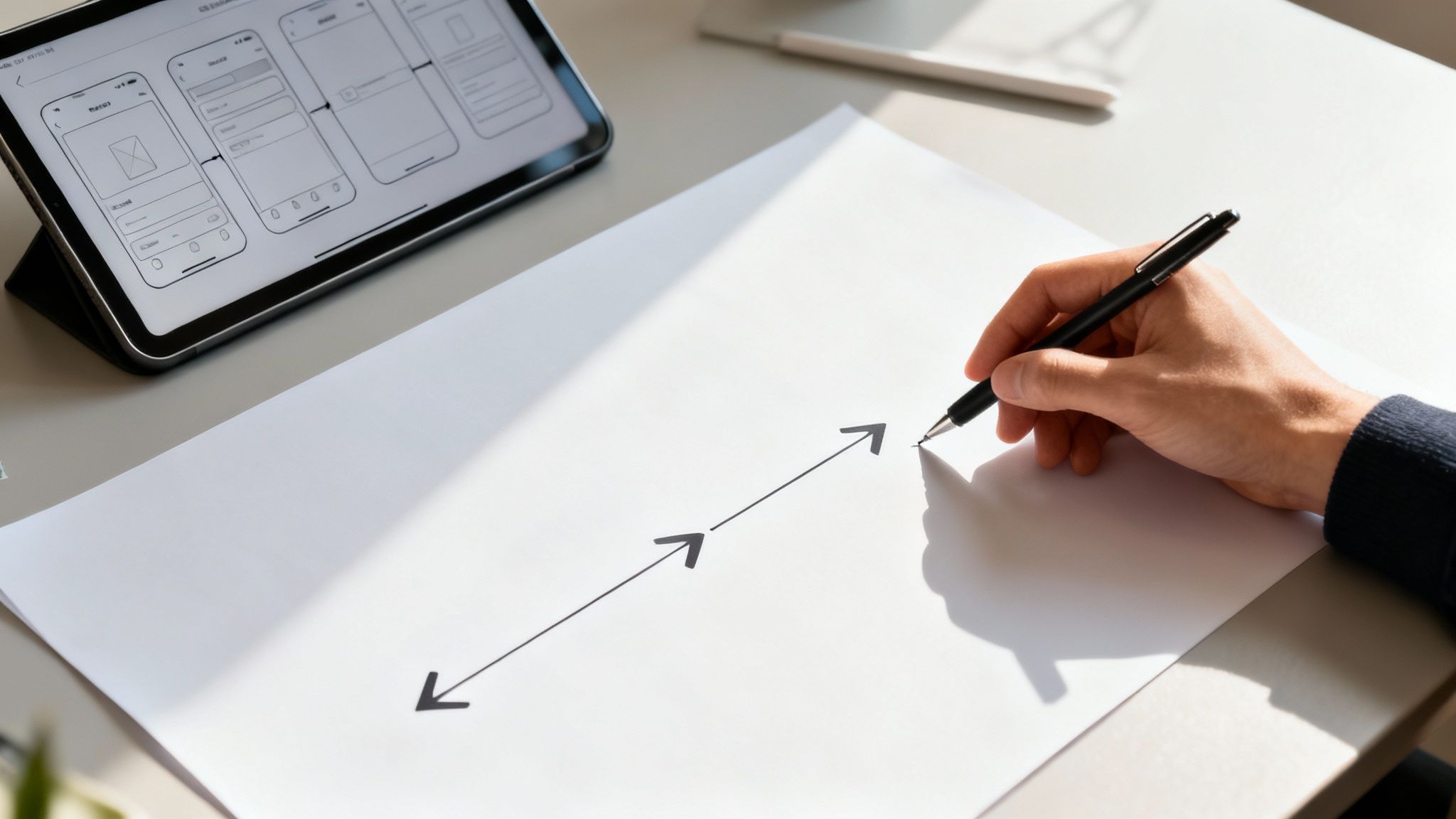 Person's hand drawing a design process flow on paper next to a tablet showing app wireframes.