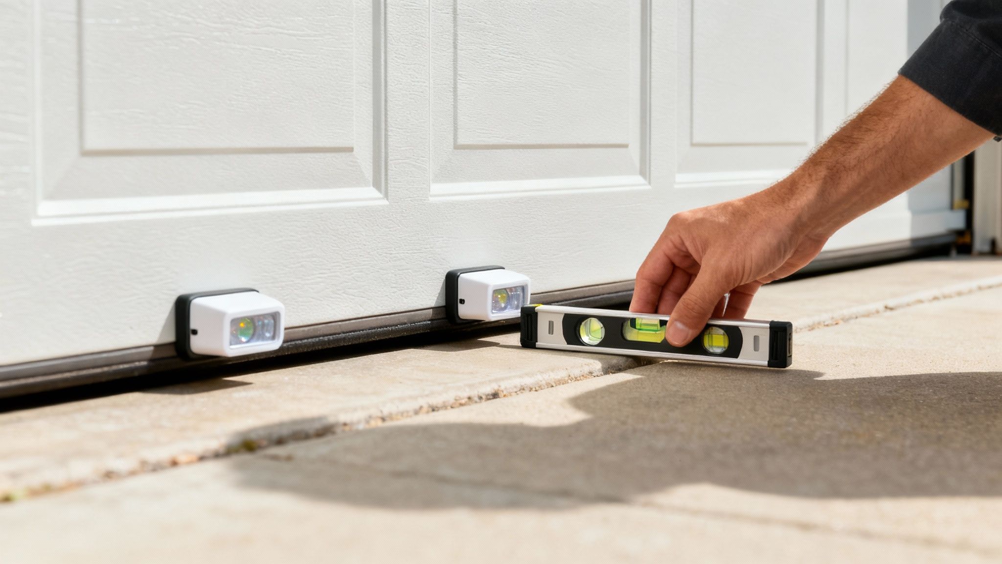 A pair of garage door safety sensors mounted on the tracks