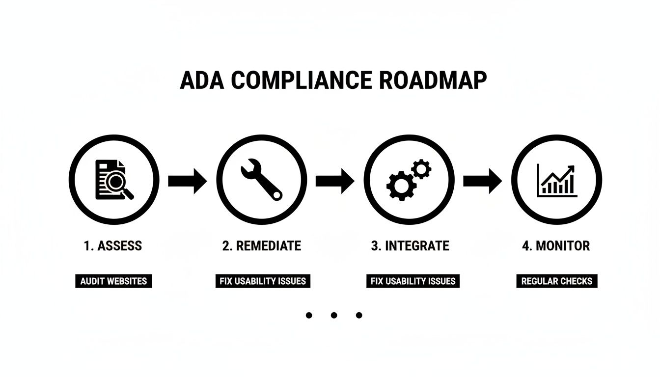 A four-step ADA compliance roadmap showing assess, remediate, integrate, and monitor website accessibility.