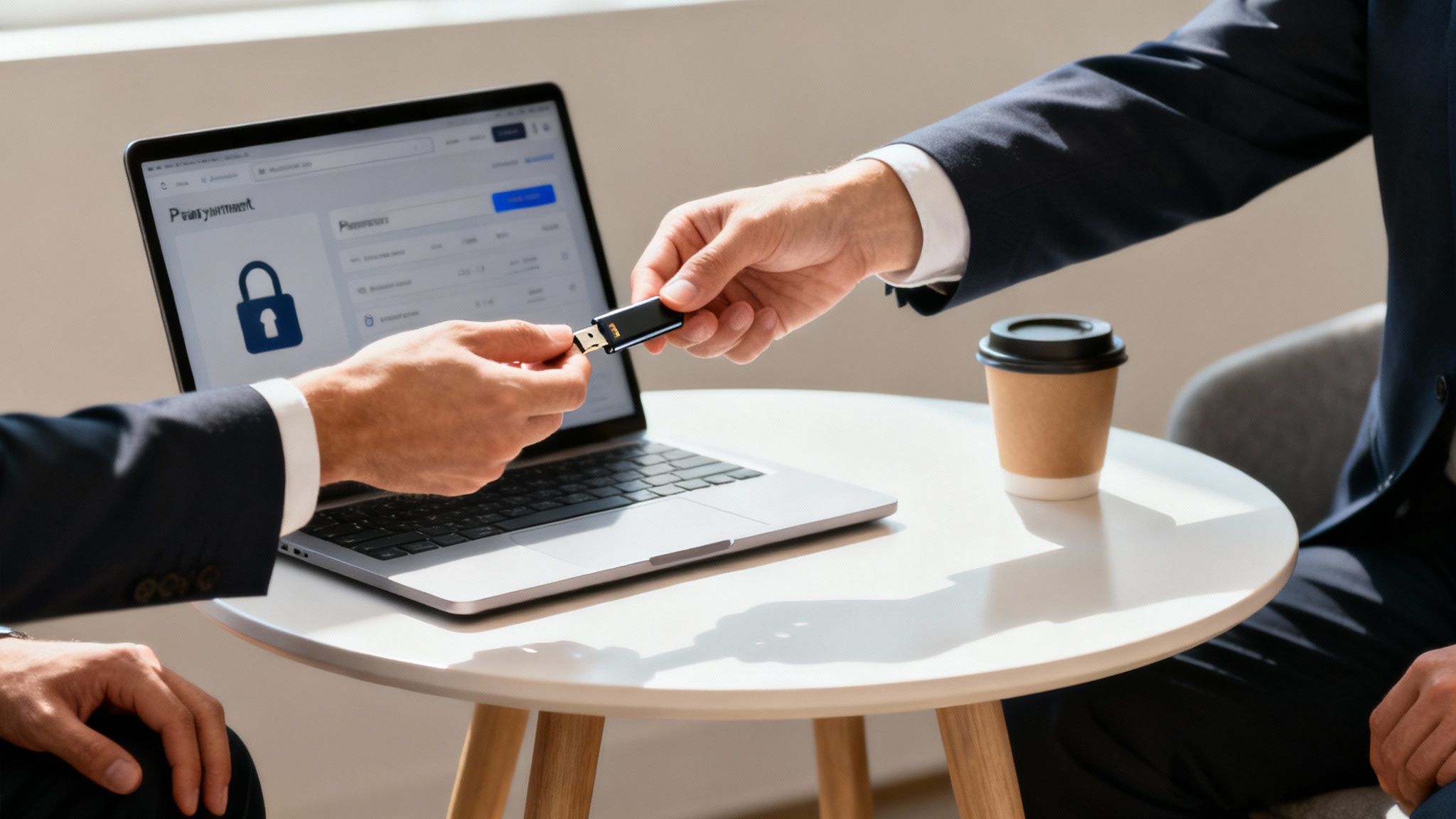 Business professionals exchanging security key for fintech password authentication and payment system access