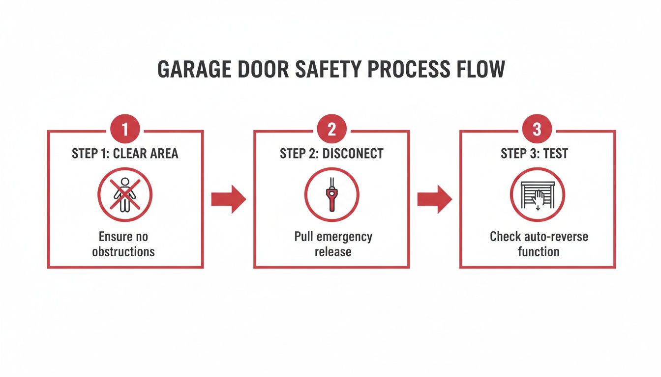 Flowchart illustrating the 3-step garage door safety process: clear area, disconnect, and test.
