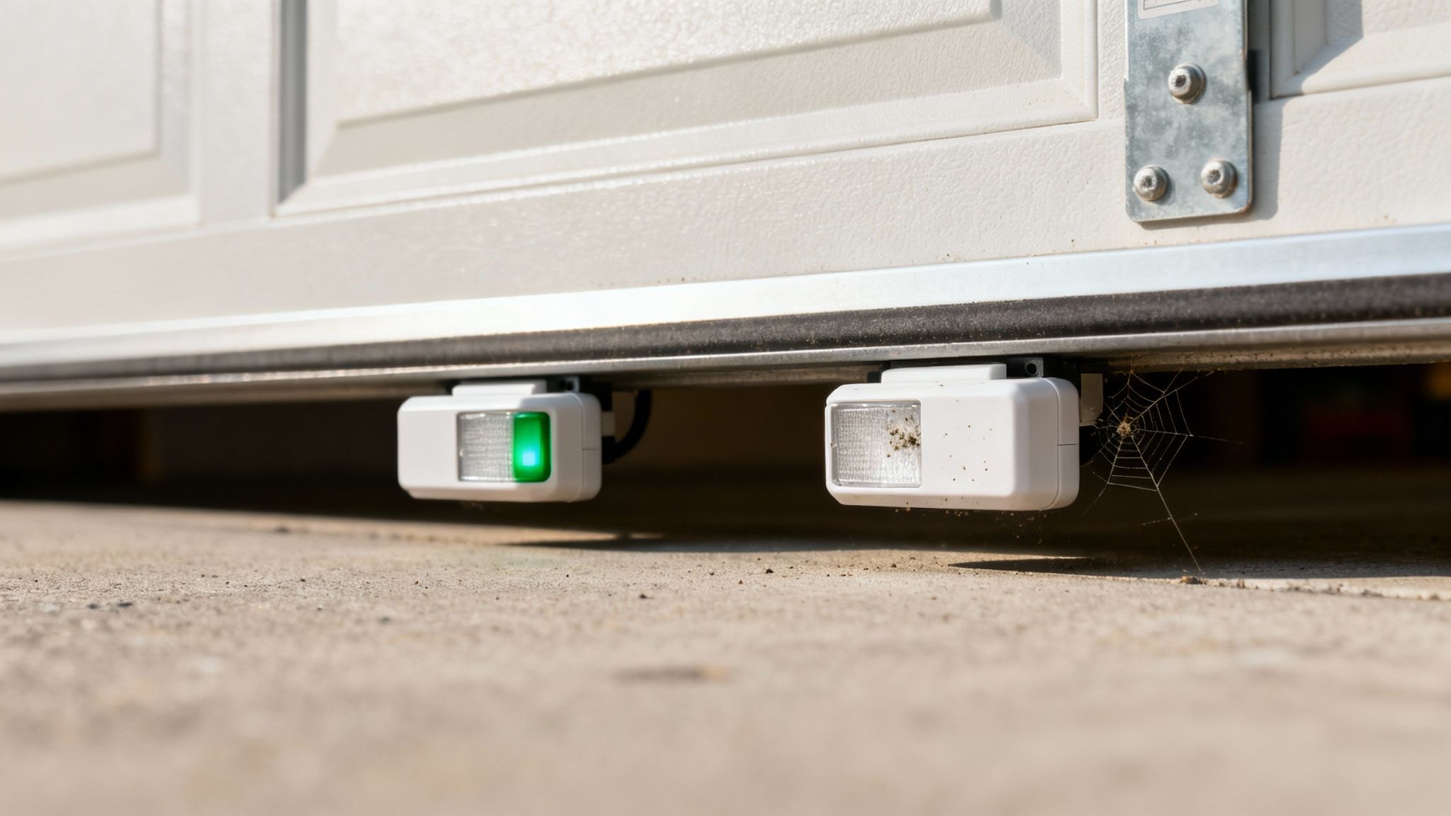 Two white garage door safety sensors, one with a green light, at the bottom of a slightly open door.