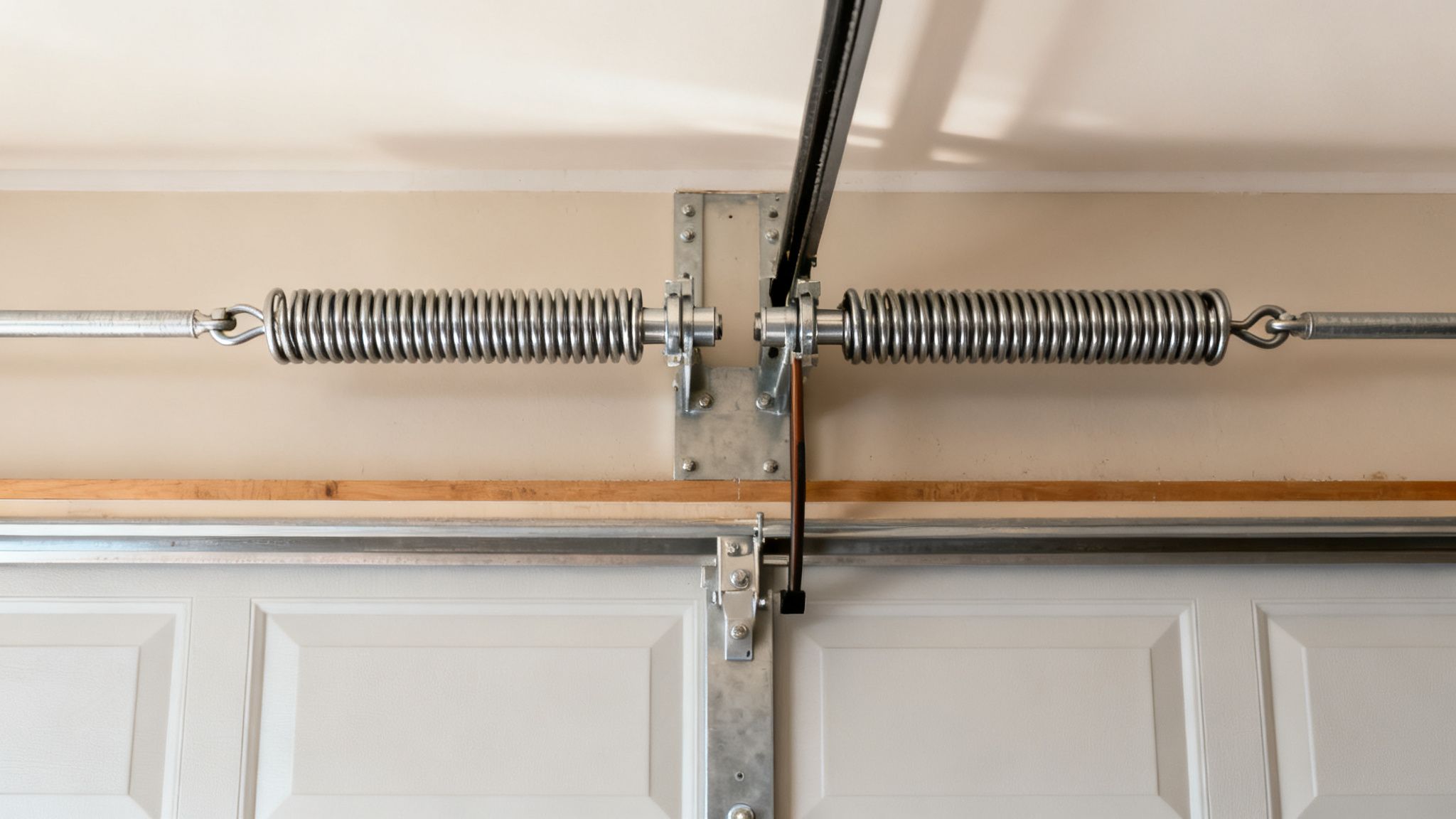 Close-up of the metal torsion springs and central bracket on a garage door system.