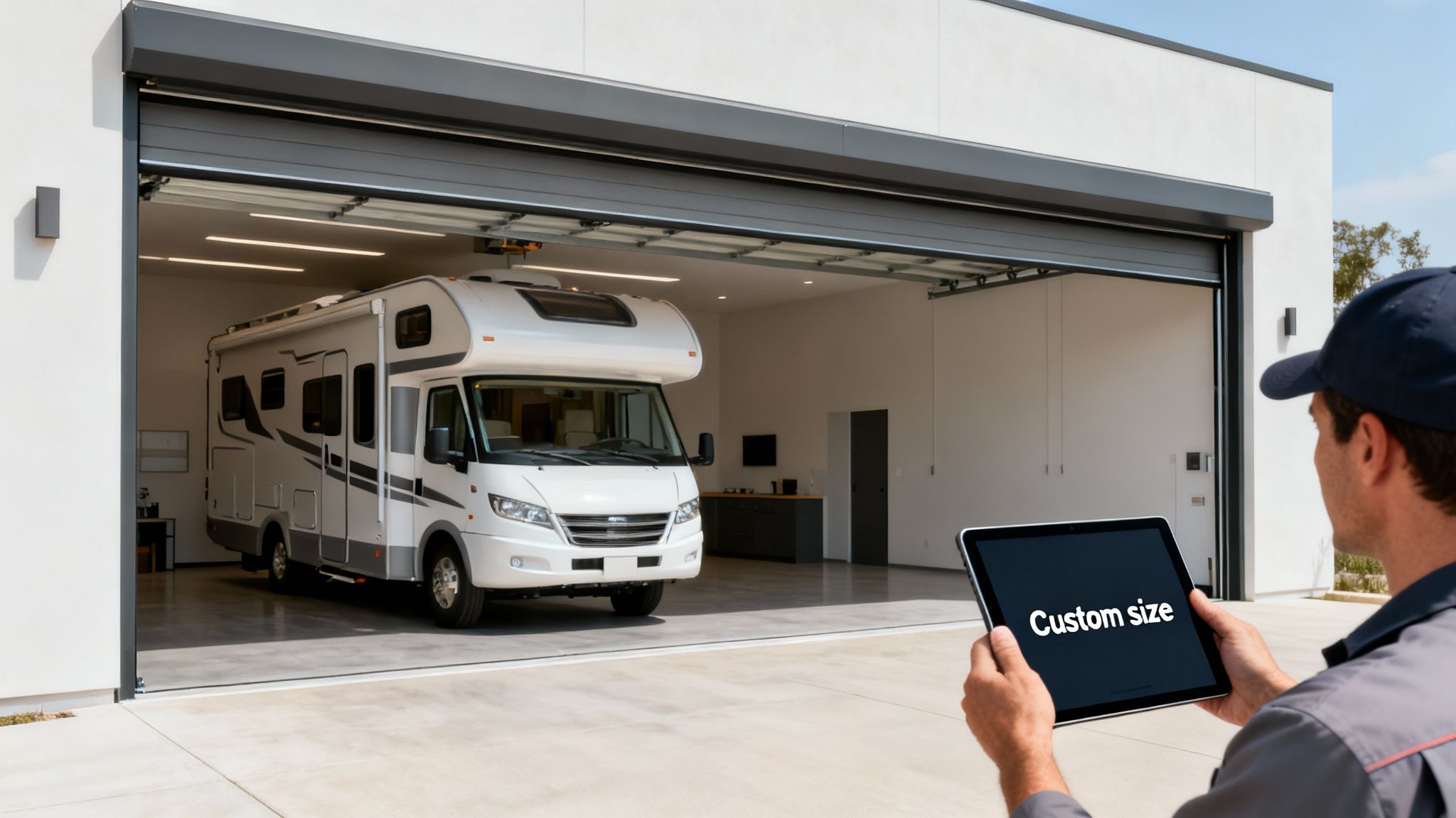 A man in a cap views 'Custom size' on a tablet in front of a large garage with a white RV inside.