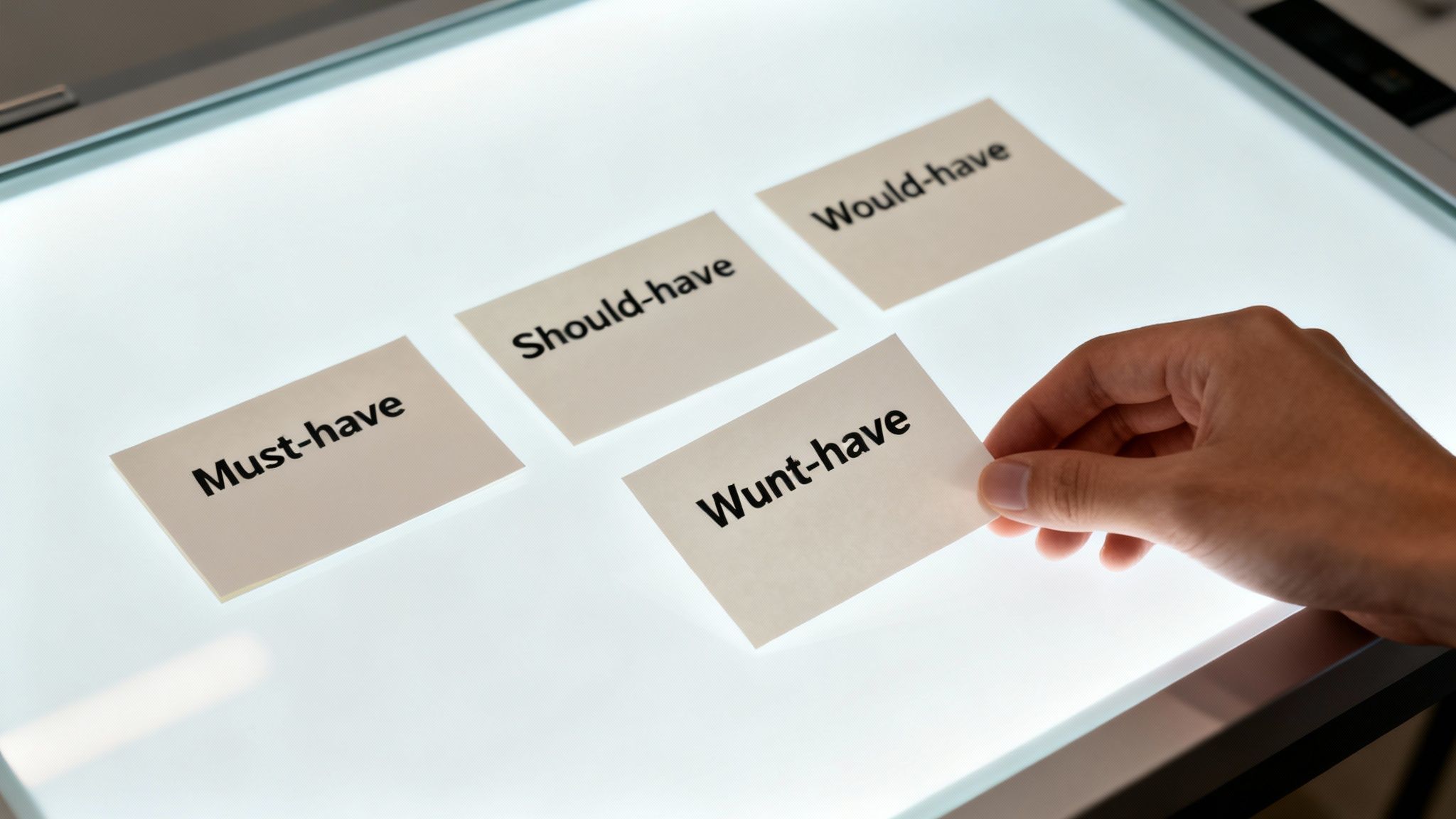 Hand arranging 'Must-have', 'Should-have', 'Would-have', and 'Wunt-have' cards for product feature prioritization.