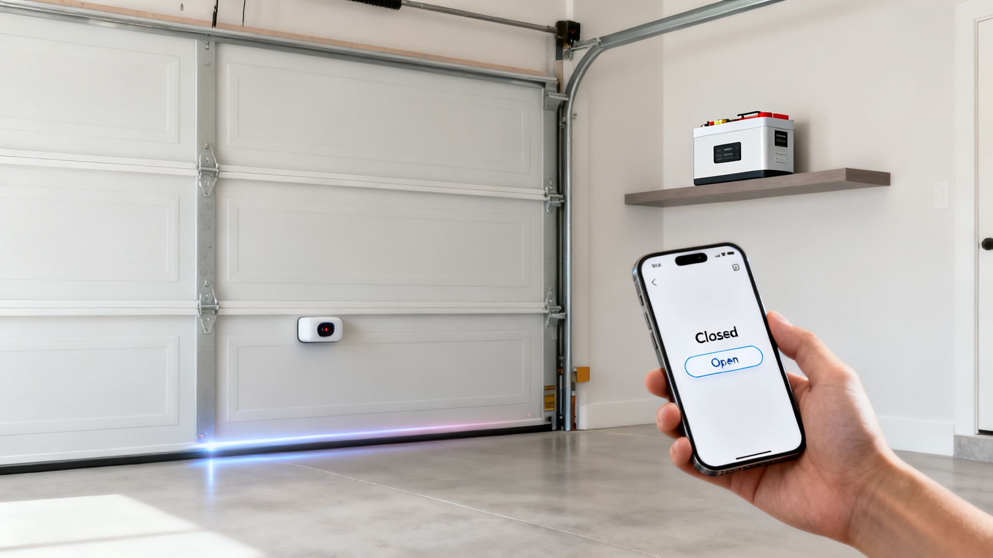 A person uses a smartphone app to control a closed smart garage door with a sensor.