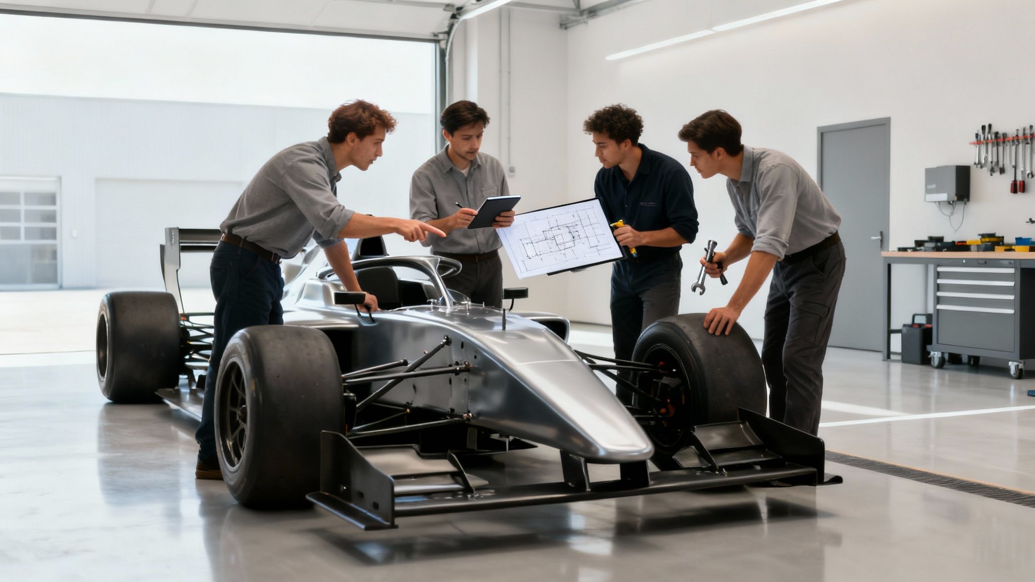 A team collaborating around a table, illustrating the dedicated development team model