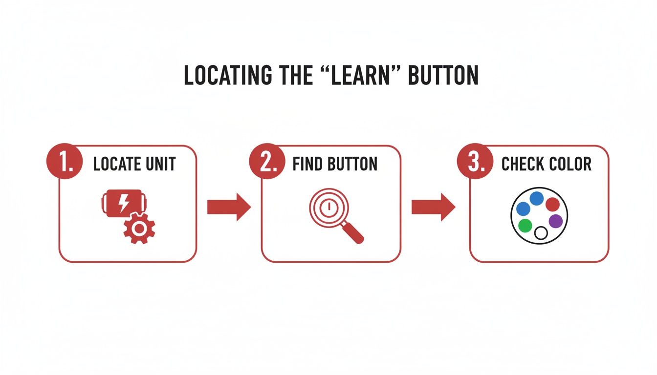 Three-step visual guide on locating a learn button: locate unit, find button, and check color.