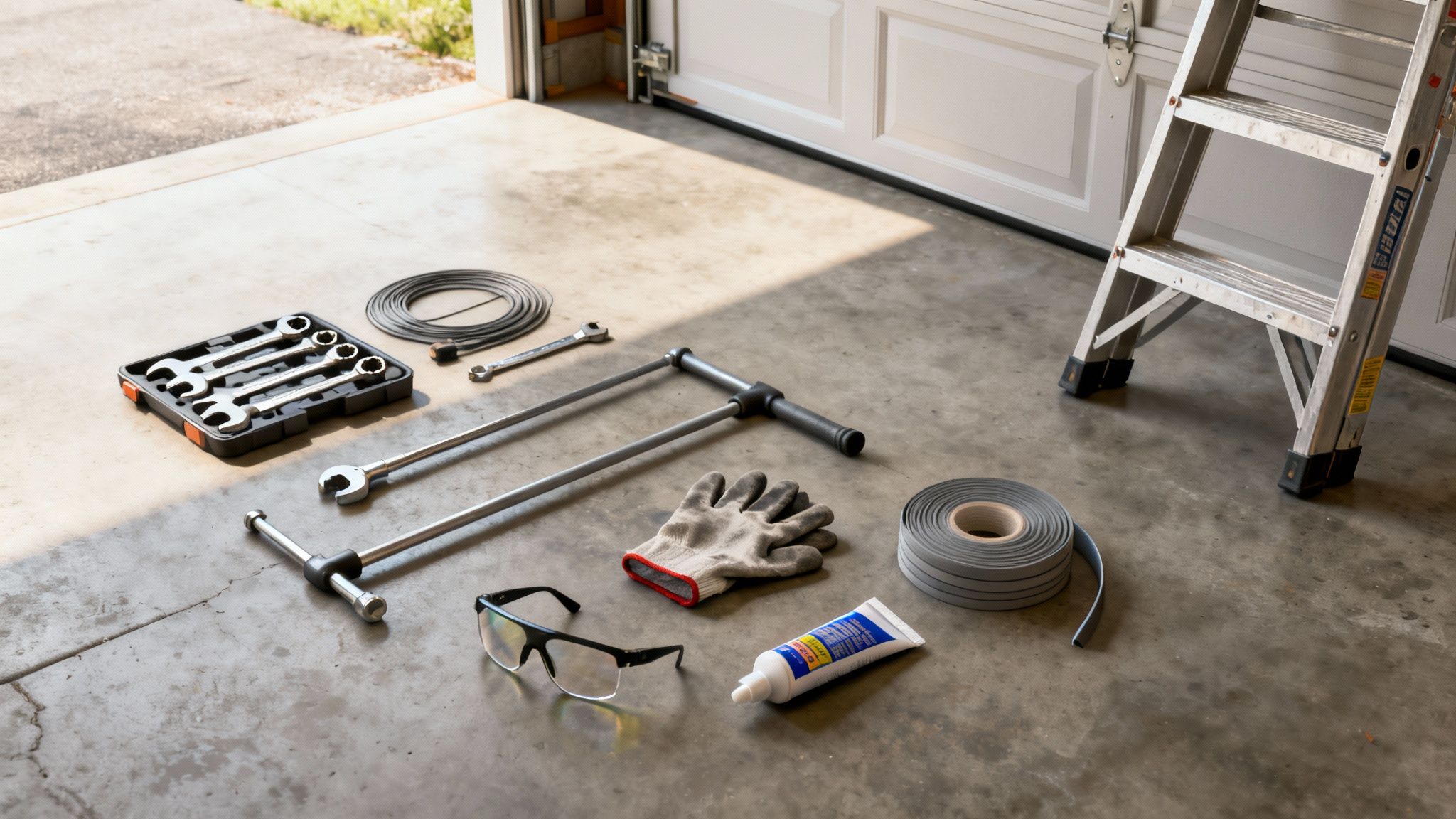 Various garage repair tools, including wrenches, sealant, gloves, and a ladder, on a concrete floor.