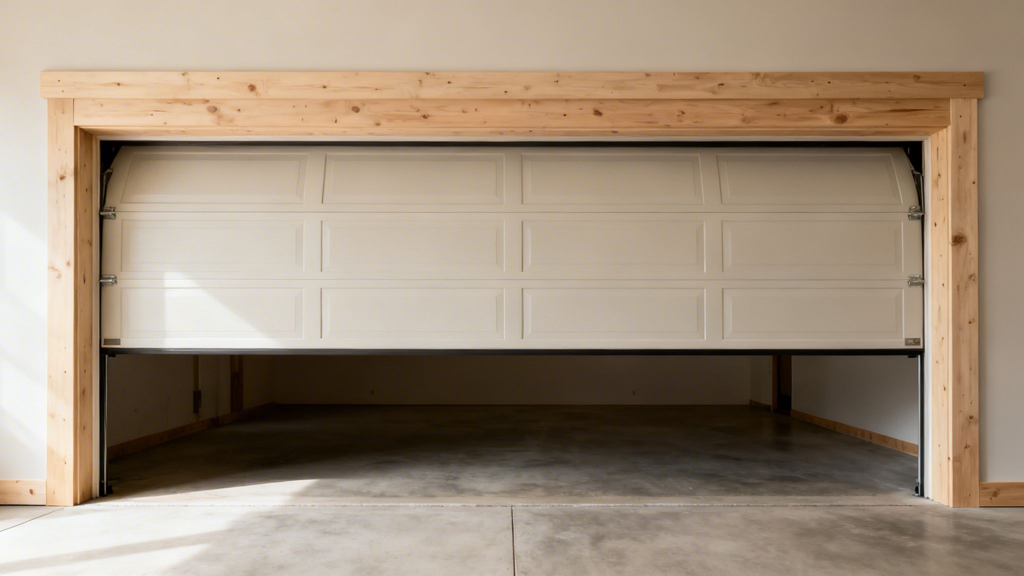 A partially open white garage door with natural wood framing, revealing an empty concrete garage.