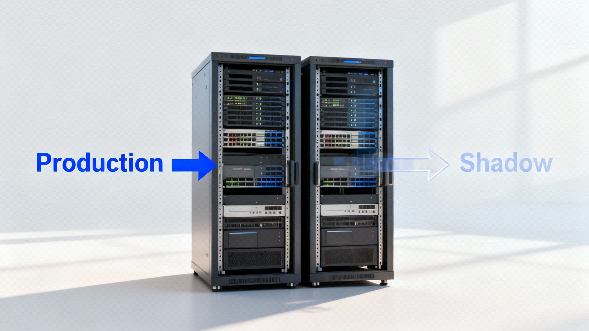 Two server racks illustrating a shadow deployment strategy with 'Production' feeding to a 'Shadow' system.