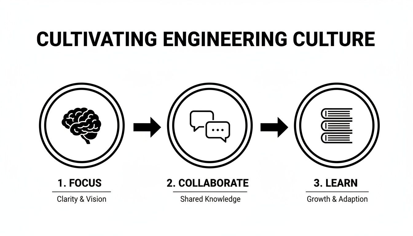 Diagram illustrating three steps to cultivate an engineering culture: Focus, Collaborate, and Learn, with key concepts.