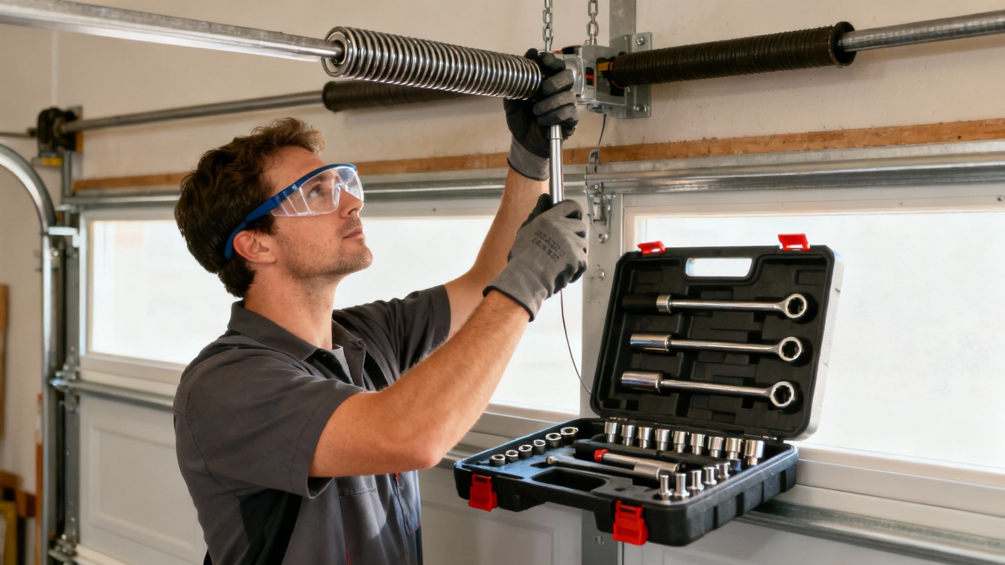 A professional technician safely replacing a garage door torsion spring.