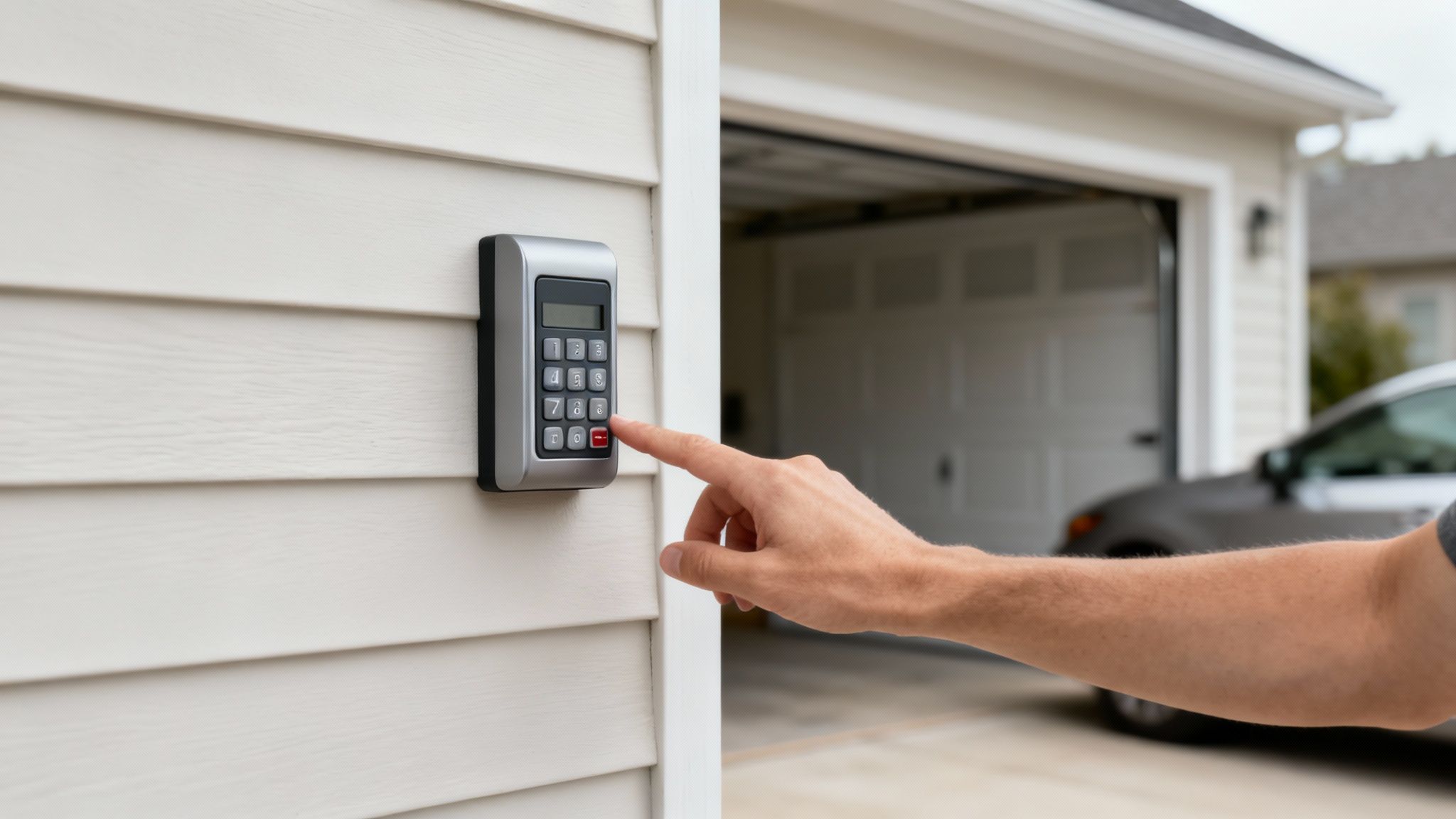 A modern garage door with a keypad mounted on the exterior wall.