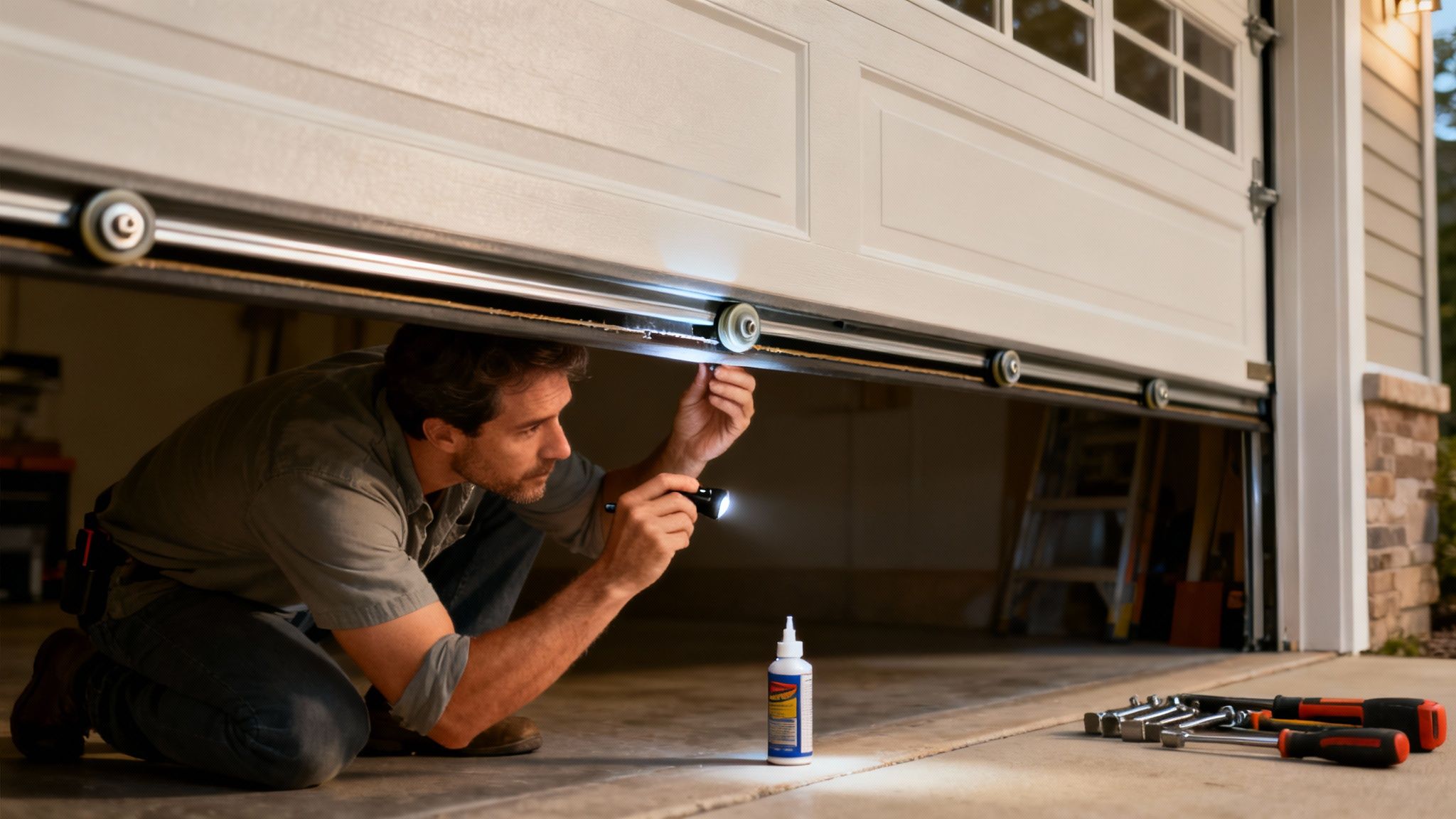 A person lubricating the hinges of a garage door with a spray lubricant.