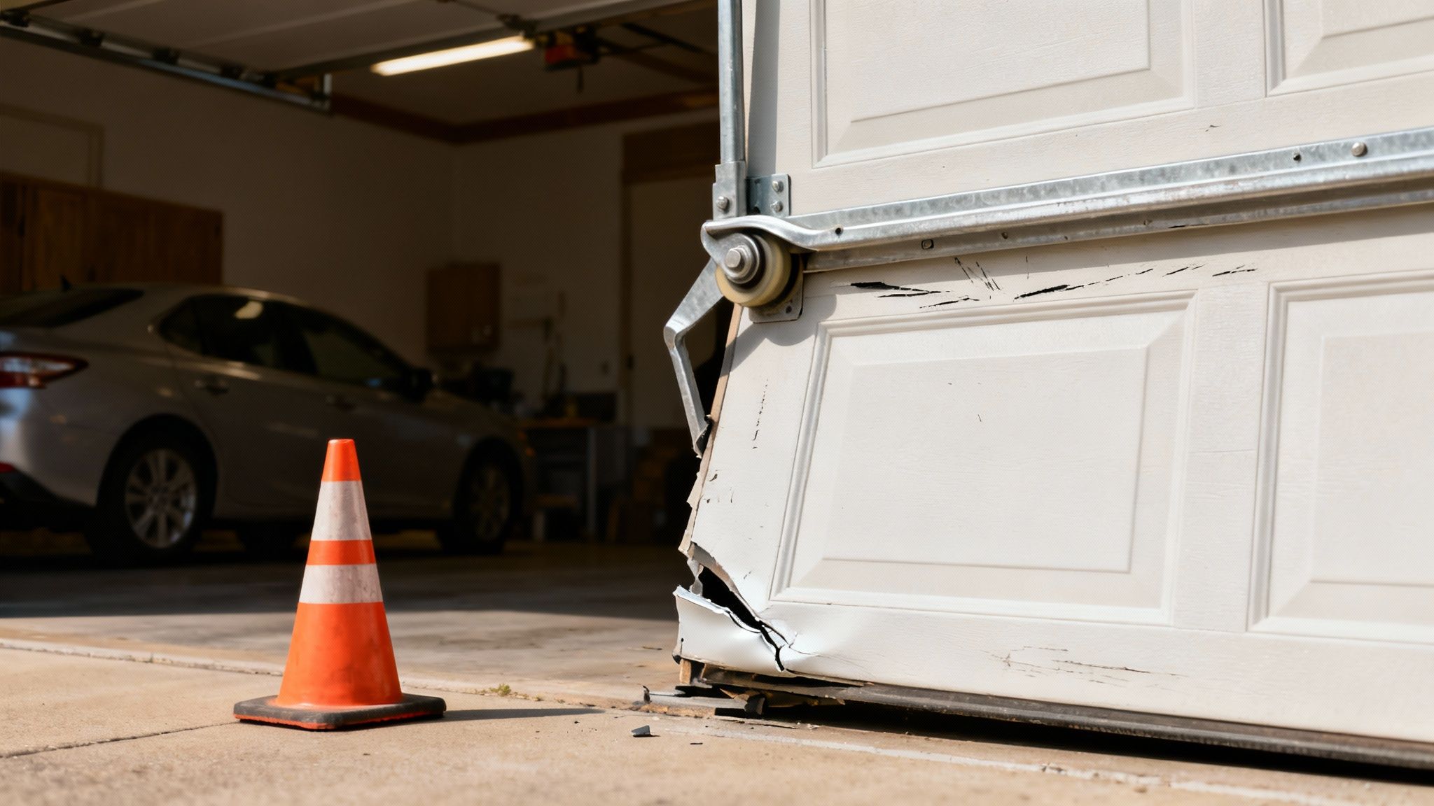 A garage door that has come off its track, showing the rollers out of alignment.