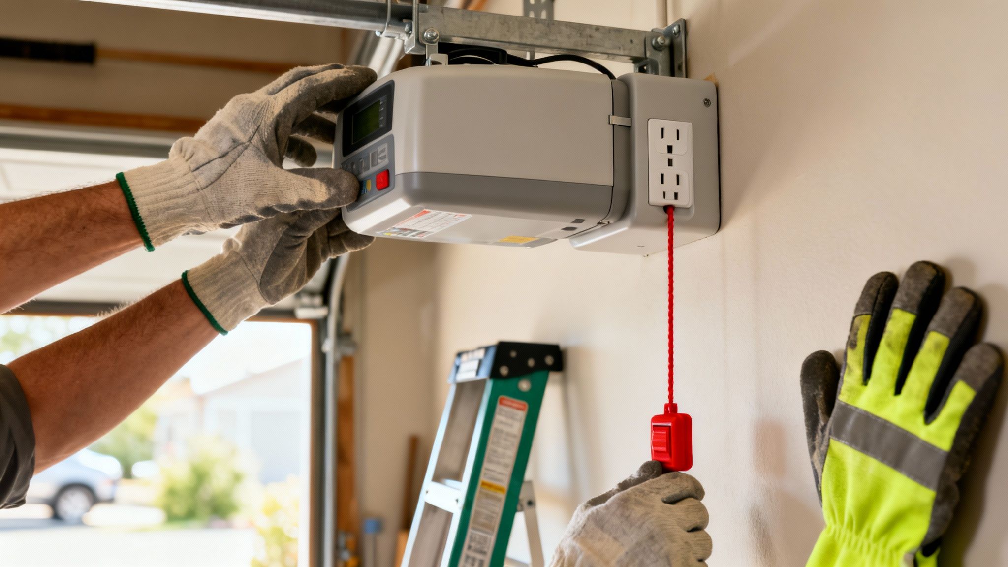 Hands in work gloves operate a garage door opener control panel and red emergency release cord.