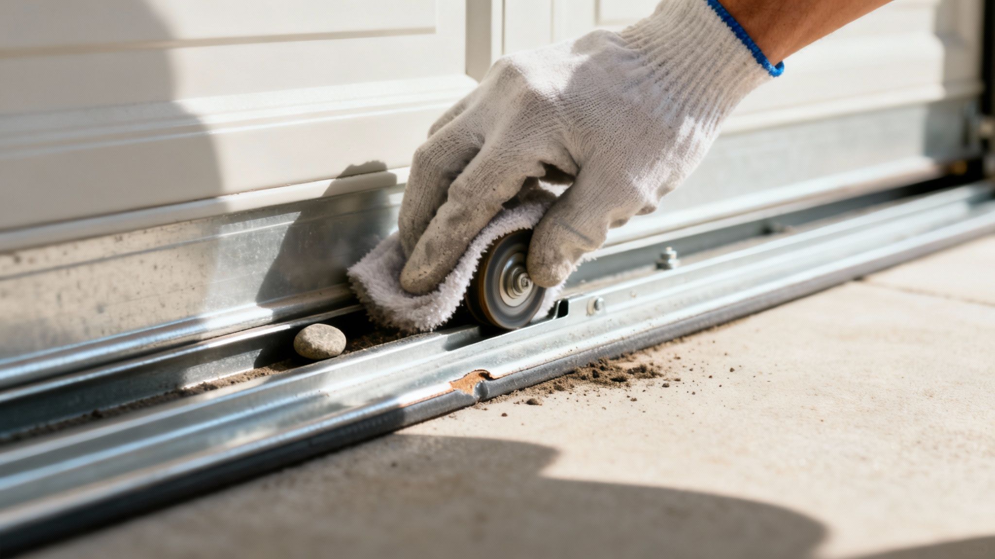 A gloved hand cleaning a dirty garage door roller and track with a cloth.
