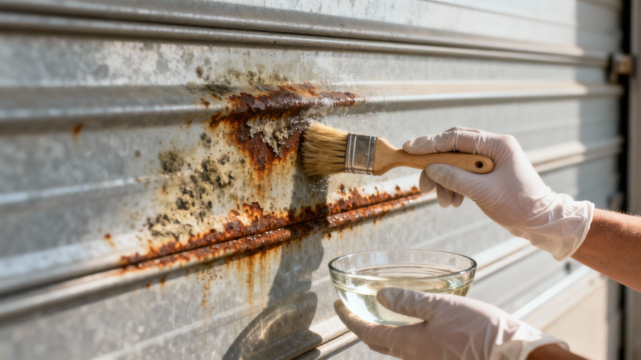 A person in white gloves applies rust remover with a brush to a corroded metal garage door.