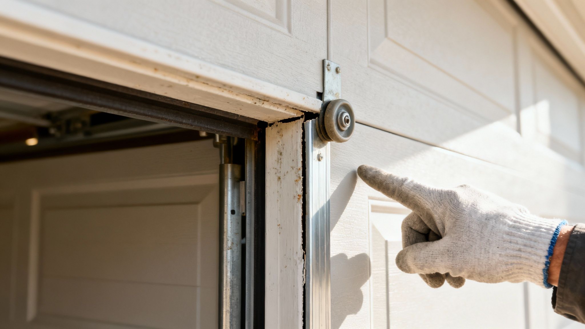 A gloved hand points to a garage door roller on a dirty track, highlighting a maintenance need.