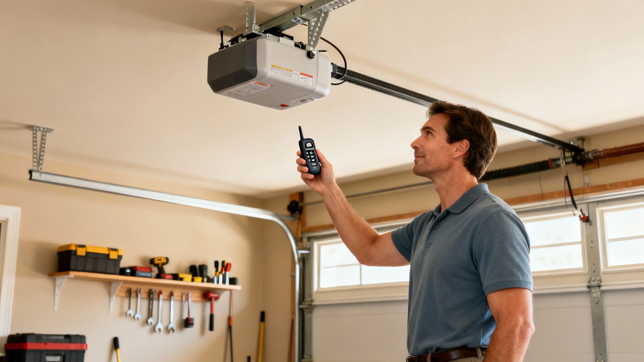 A man in a garage holds a remote, looking up at a garage door opener on the ceiling.