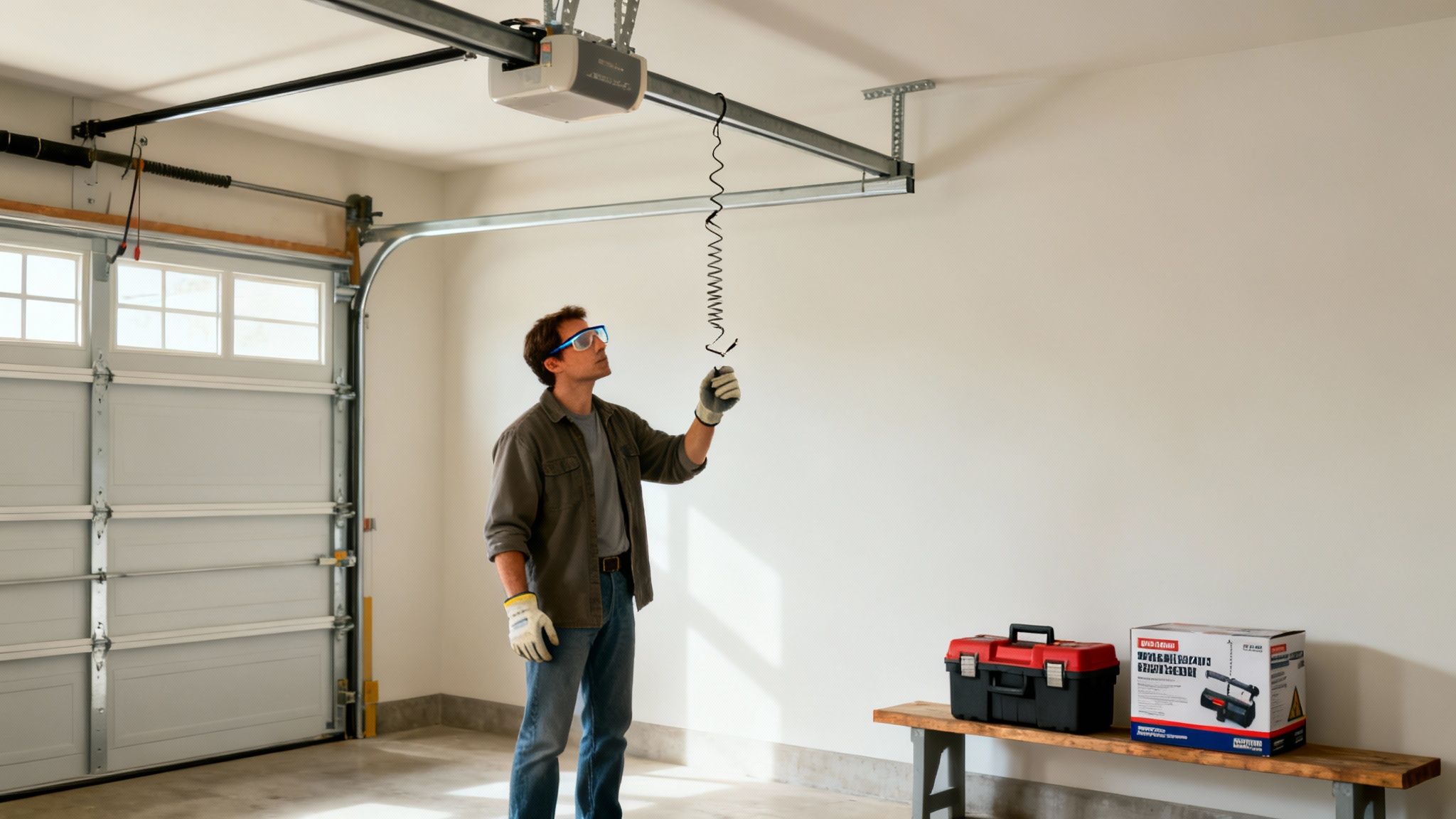 Man in safety glasses and gloves inspecting a garage door opener mechanism in a garage.