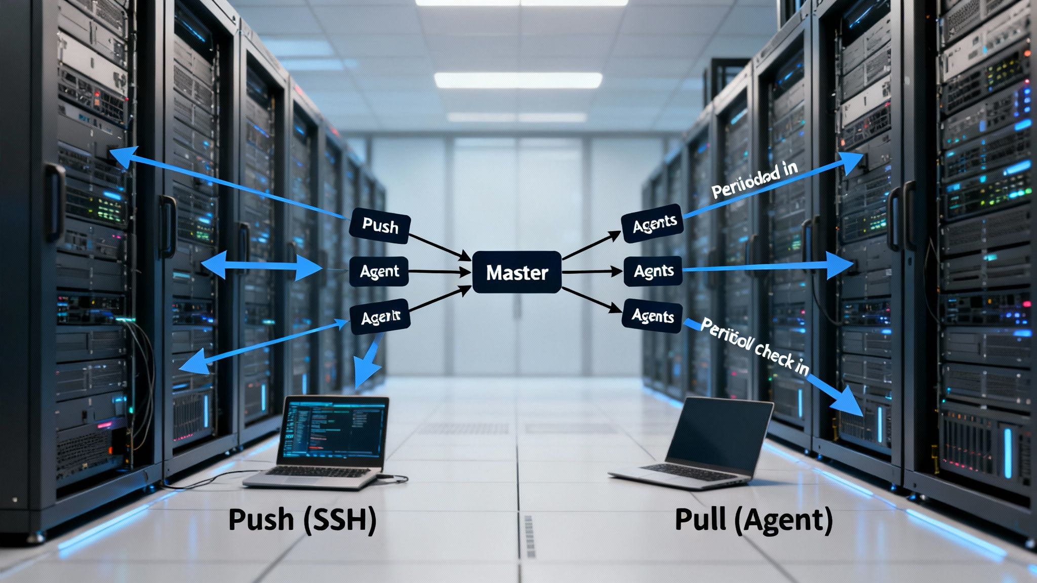 A diagram contrasting push-based SSH and pull-based agent configuration management, showing a master server interacting with multiple agents in a data center.